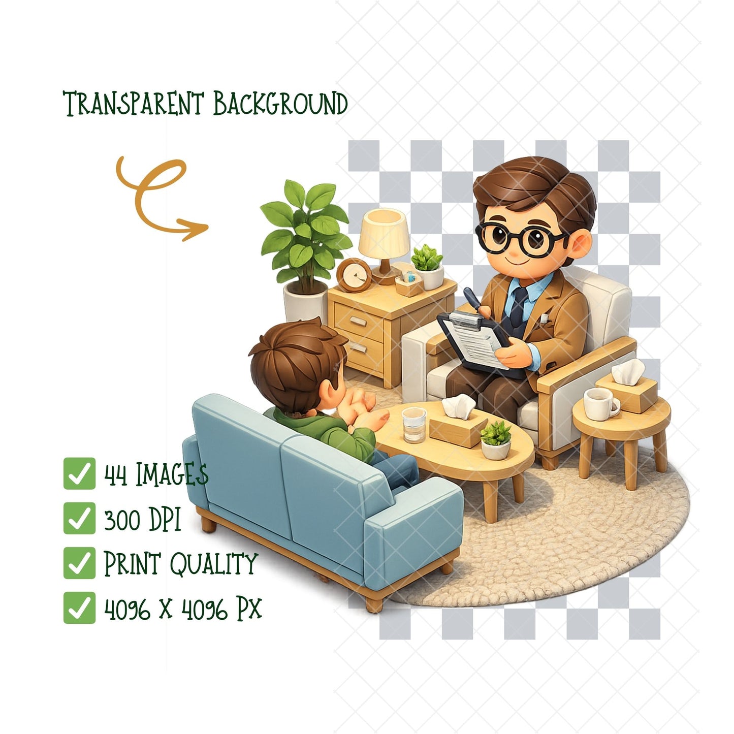 Counselor Psychologist 3D Clipart PNG Bundle – 44 Mental Health & Therapy Office Graphics