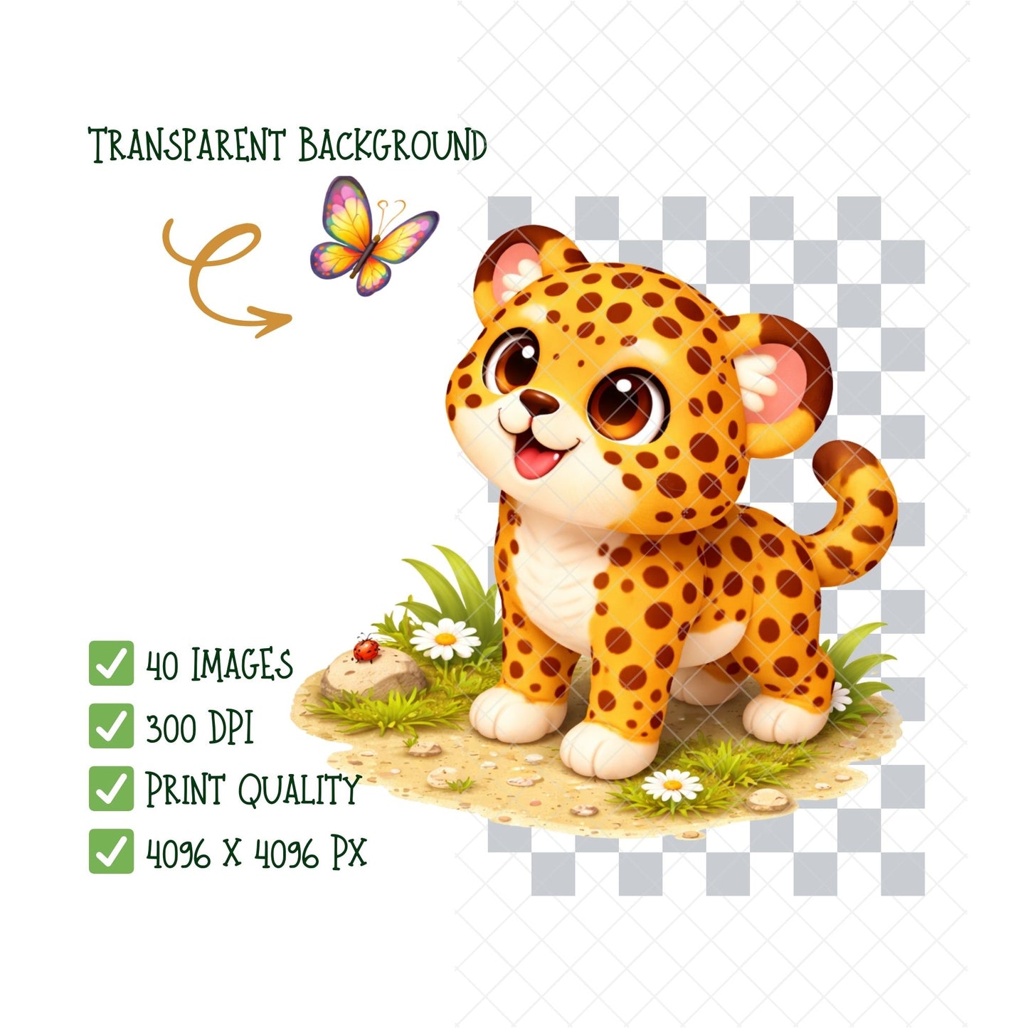Cute Leopard 3D Clipart – 40 Baby Leopard PNGs – Jungle Nursery Animal Graphics for Sublimation & Kids Crafts
