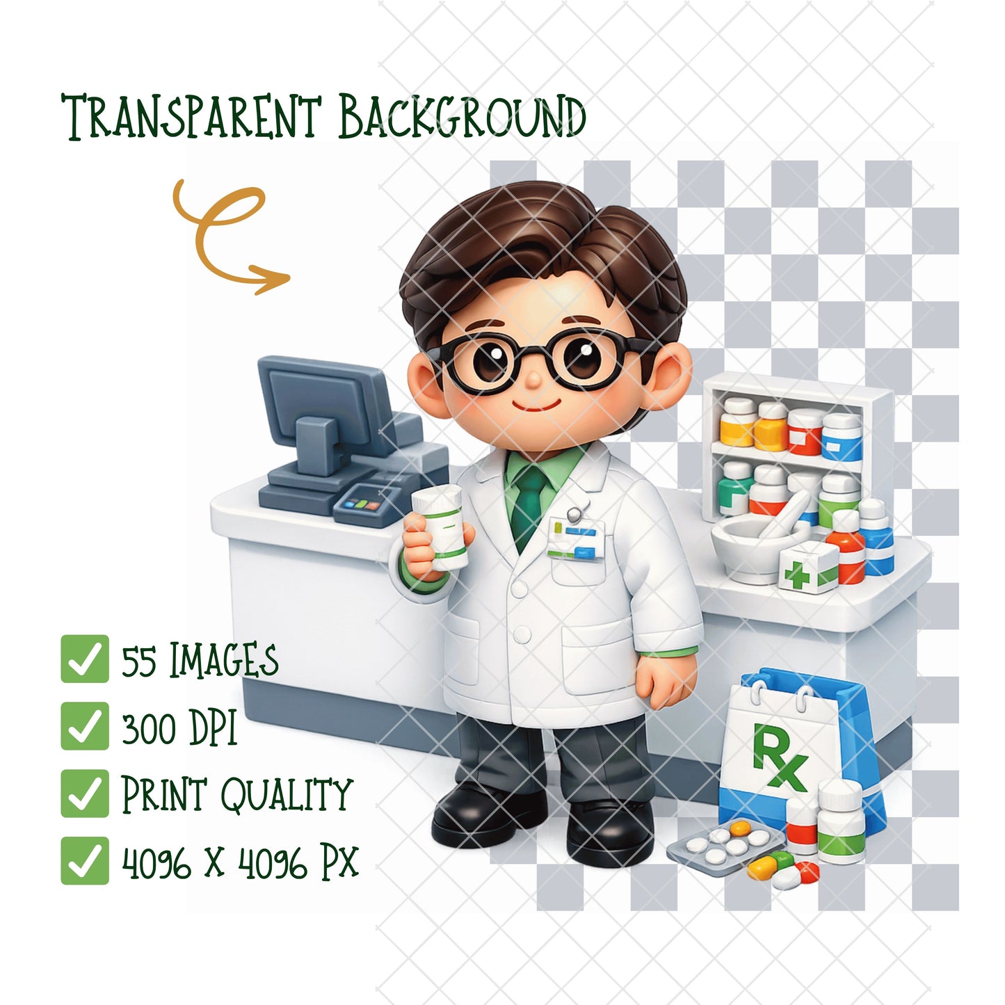 Pharmacist 3D Clipart PNG Bundle – 55 Pharmacy Scene Graphics for Healthcare, Education & Branding