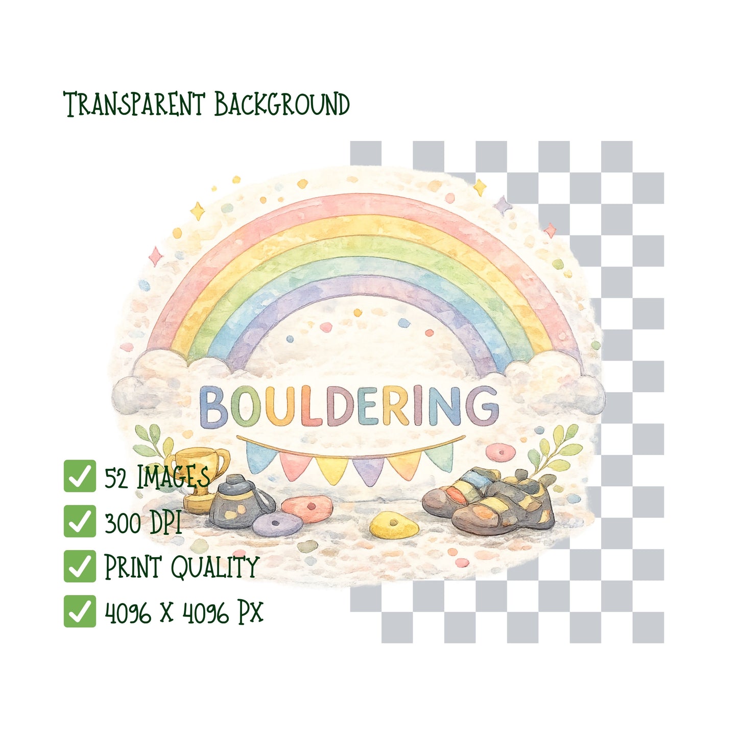 Bouldering Watercolor Clipart – 52 Kids Climbing PNGs – Pastel Rock Climbing Gym Sports Bundle
