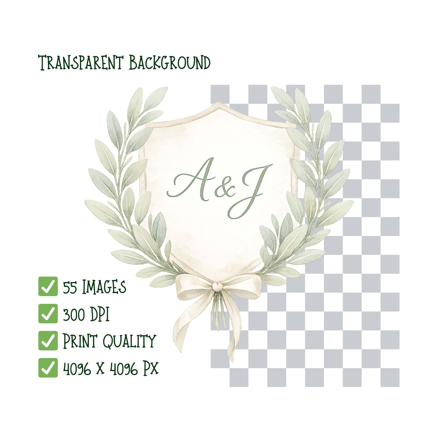 Sage Green Wedding Clipart – 55 Watercolor Greenery PNG Files – Minimal Botanical Floral Invitation Set