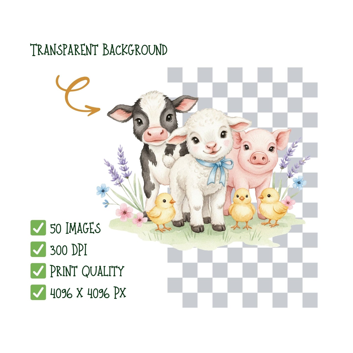 Farm Baby Animals Watercolor Clipart – Tractor & Cute Farm Animal PNG Bundle for Nursery & Kids (50 Files)