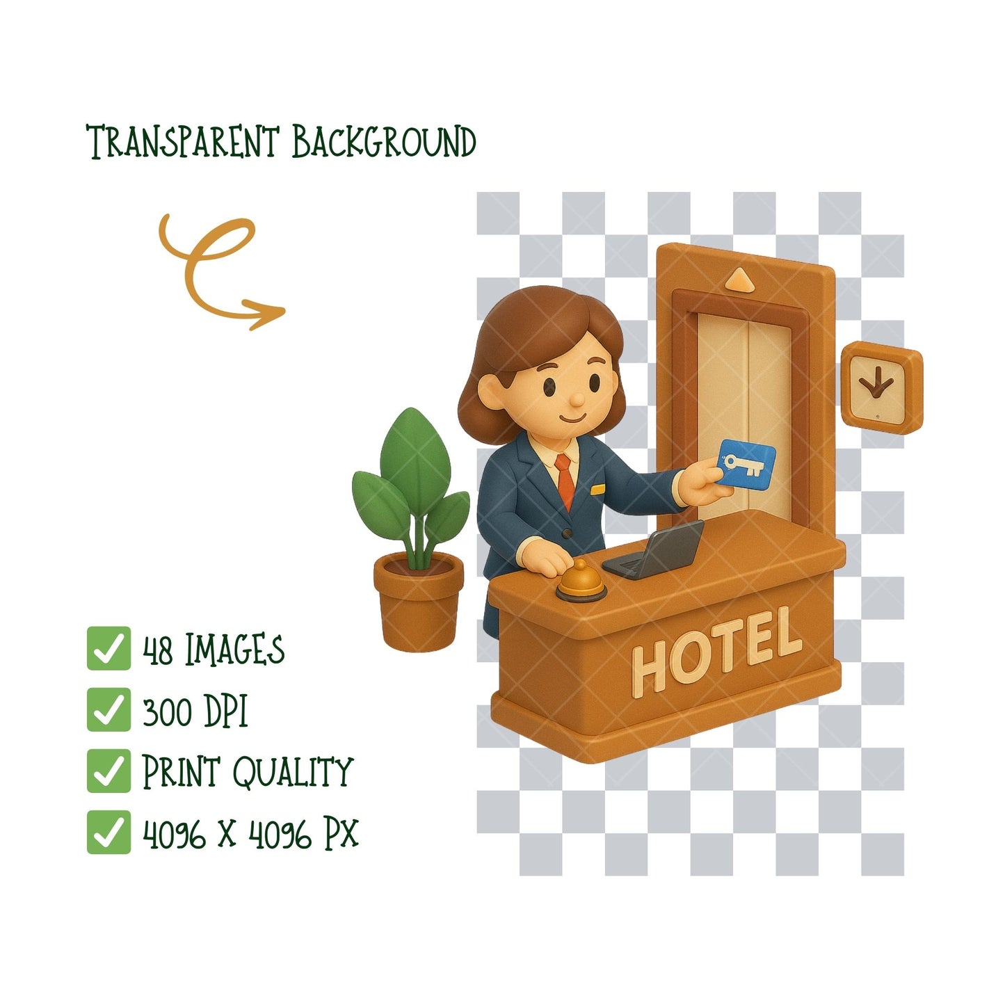 Hotel Staff Clipart Bundle, Hospitality PNG Icons, Receptionist Concierge Bellhop Graphics for Planners