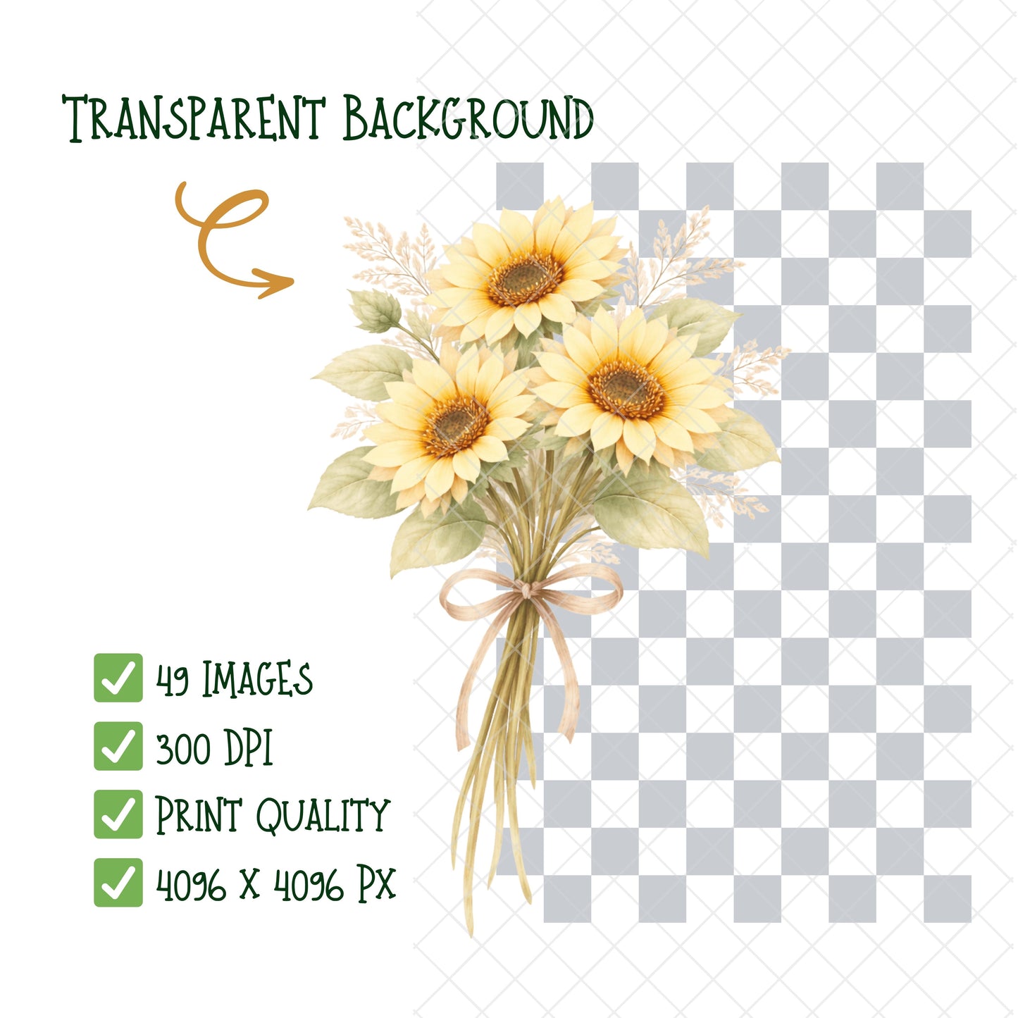 Sunflower Watercolor Clipart Bundle – Yellow Floral PNG for Wedding, Sublimation, Wall Art & Crafts, Hand Painted Flowers, 49 PNG