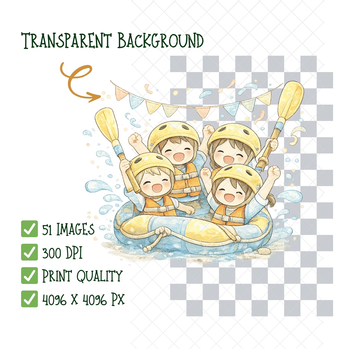 Rafting Watercolor Clipart – Outdoor Adventure PNG, Kids Camping & River Rafting Illustrations for Travel Journals, Invitations & Crafts (51 PNG)