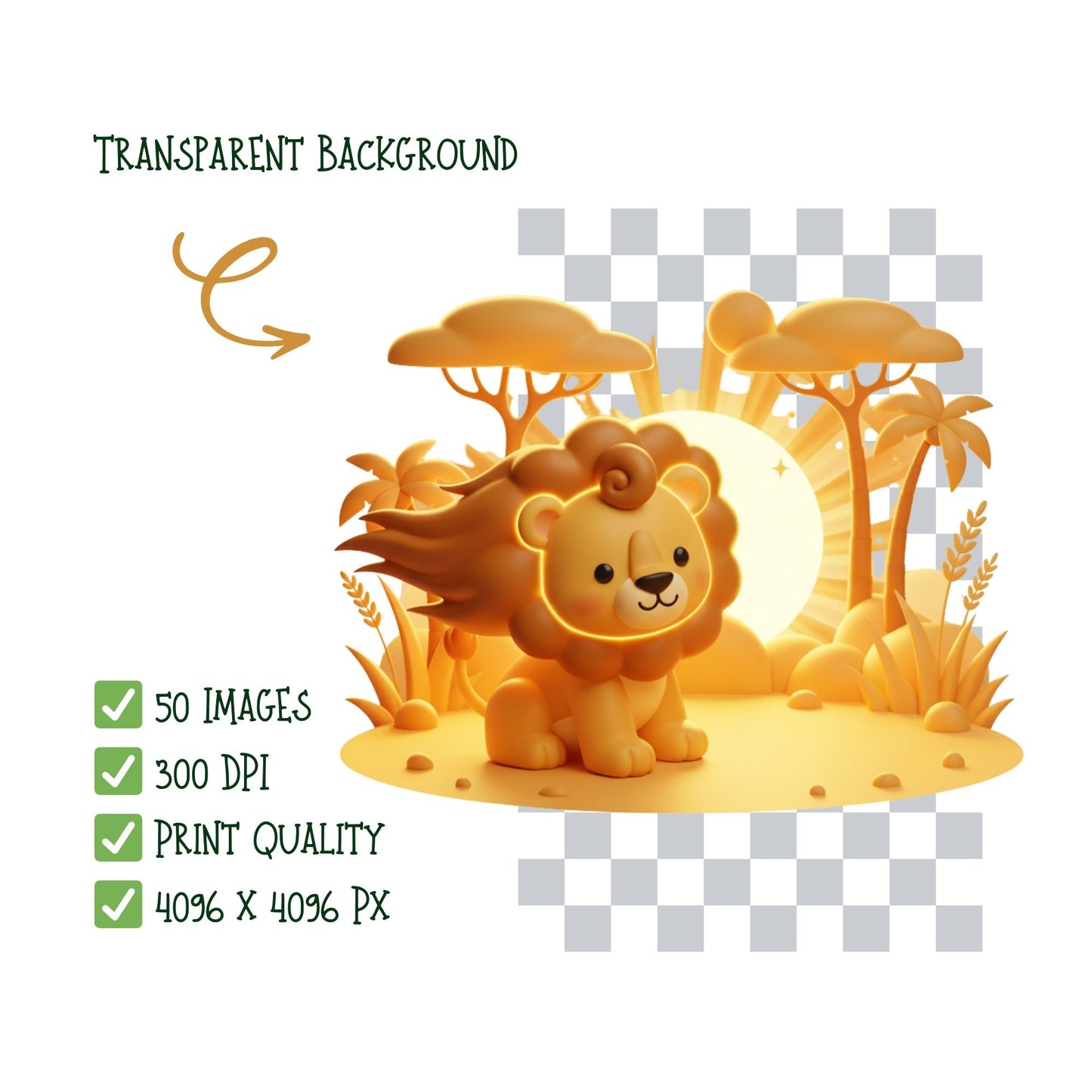 3D Safari Animal Clipart – Cute Lion PNG Bundle | Nursery Art, Baby Shower, Jungle Animals (50 Files)