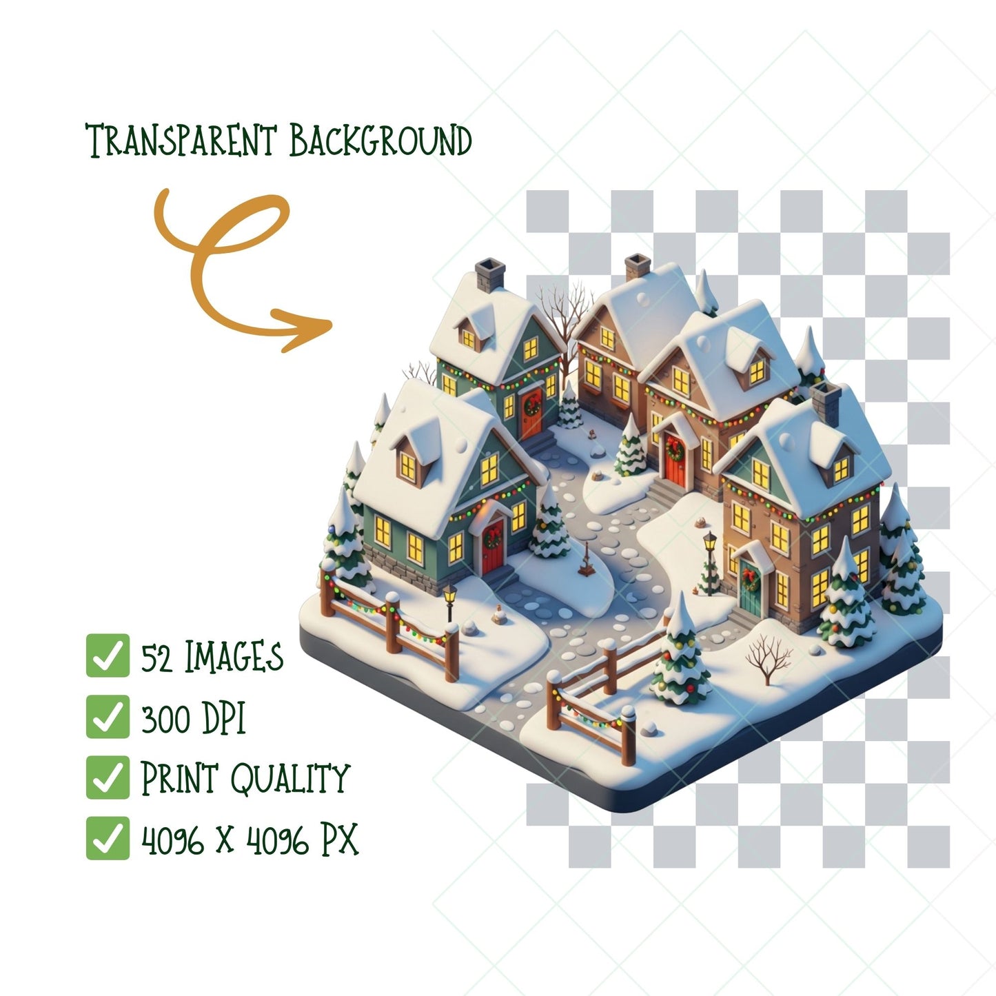 Winter Village Clipart – 52 Christmas Town PNG Graphics | Snowy Houses, Cozy Cabins, Holiday Village 3D Art