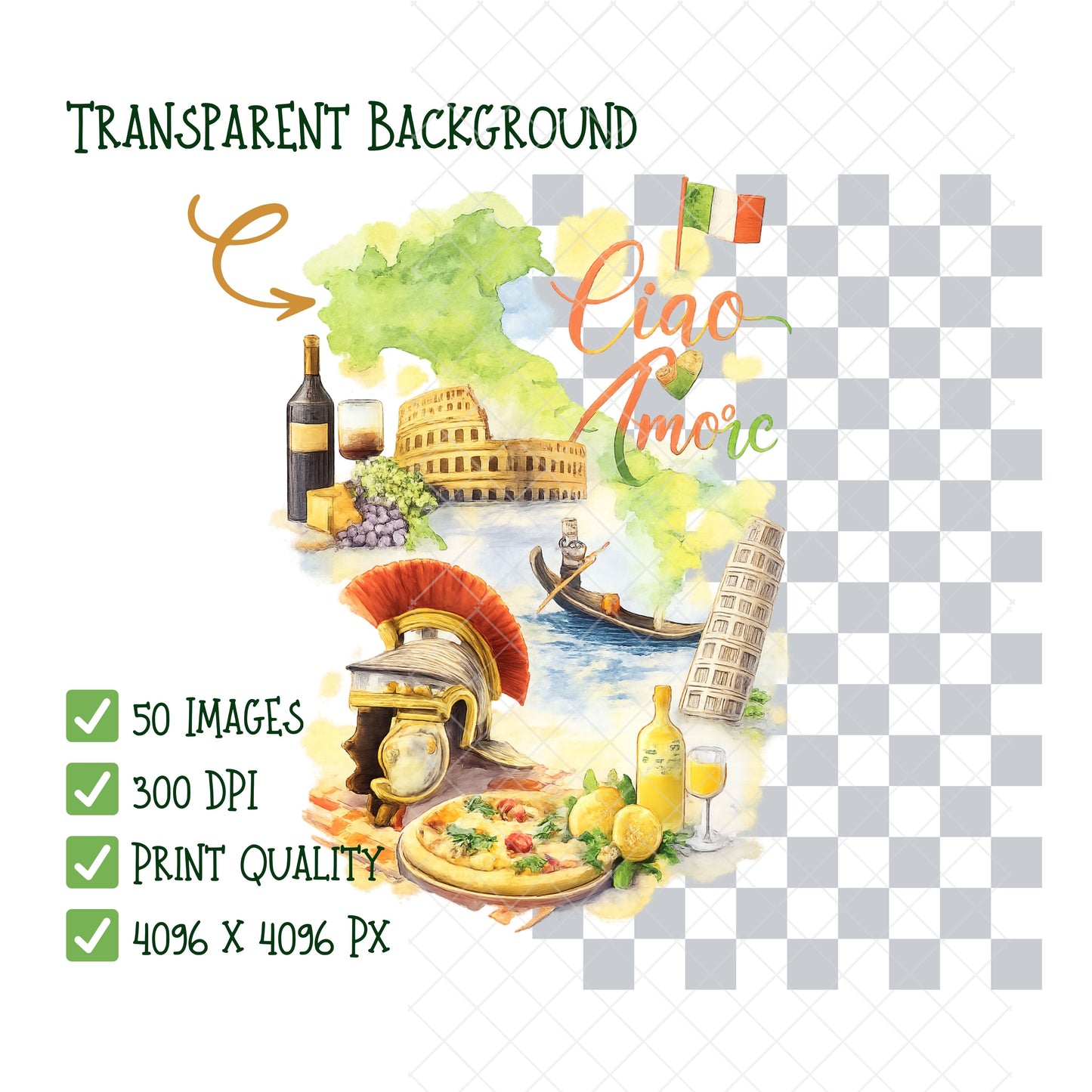 Italy Clipart – 50 Watercolor Italy PNG Files – Italian Food, Landmarks & Travel Graphics