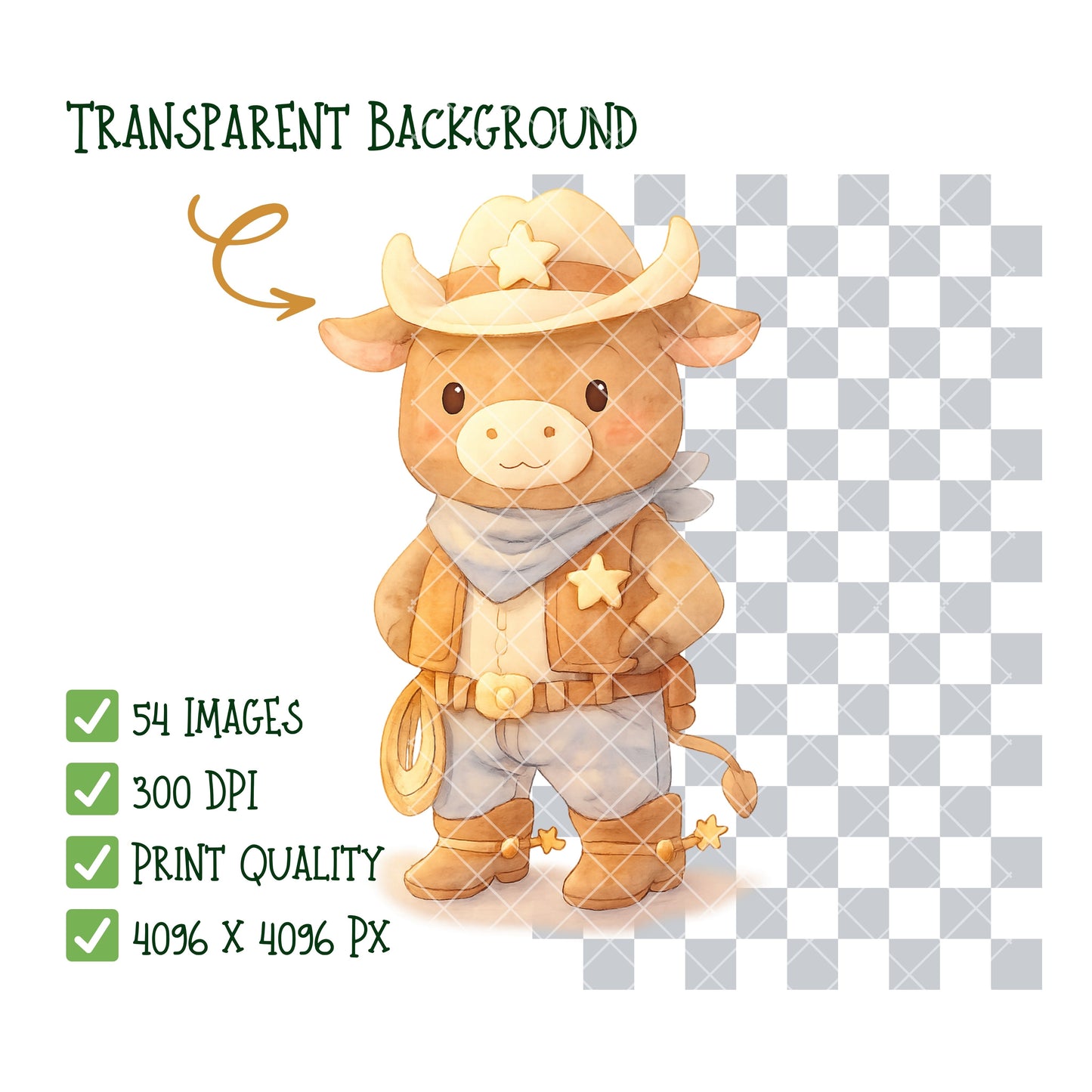 Rodeo Watercolor Clipart Set – Cowboy Kids & Western PNG, Bull Riding, Barn & Farm Art for Parties, Crafts & Classrooms, 54 PNG