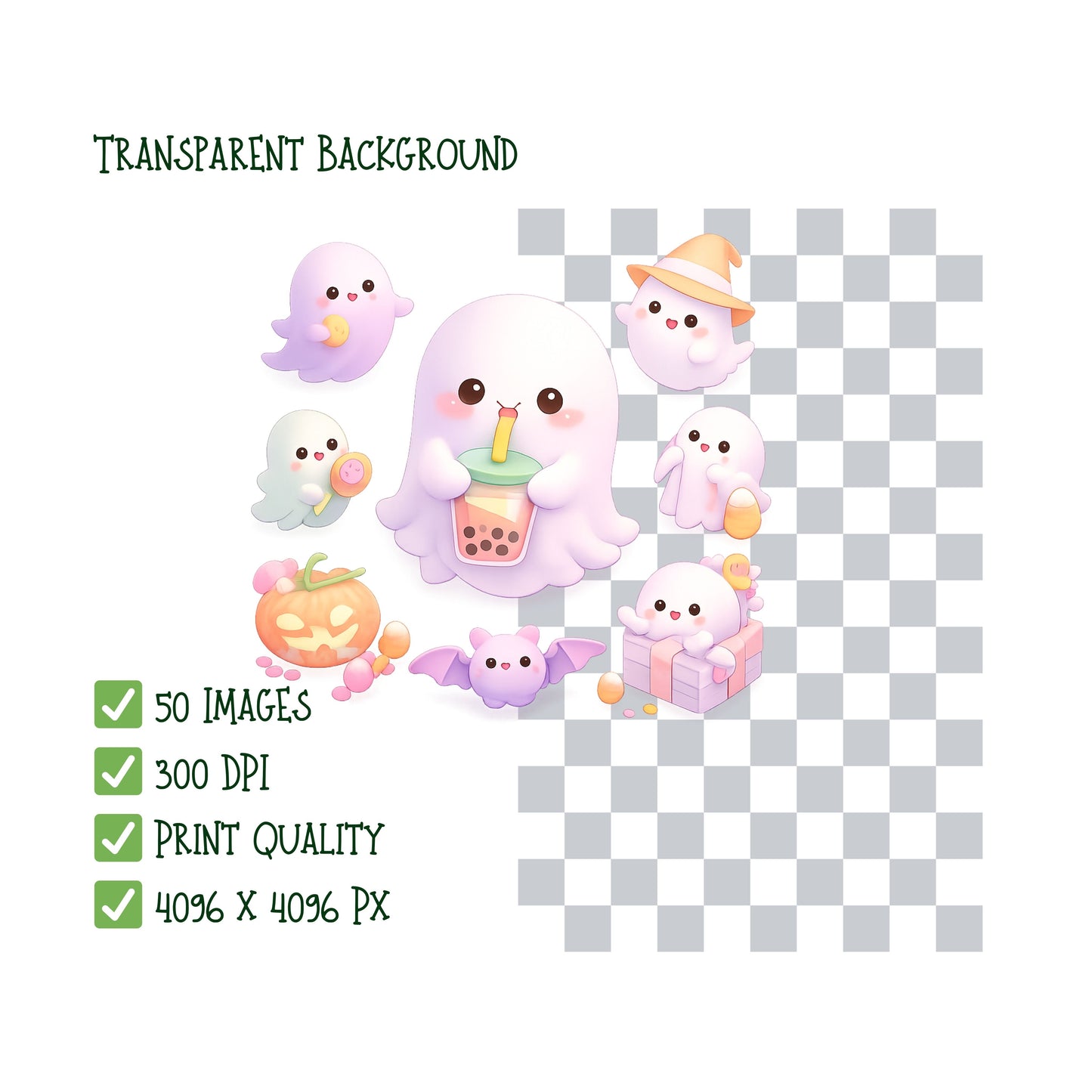 Kawaii Ghost Halloween Clipart Bundle – Cute 3D Isometric Ghost PNG, Pastel Halloween Elements, Candy & Pumpkins, 50 PNG