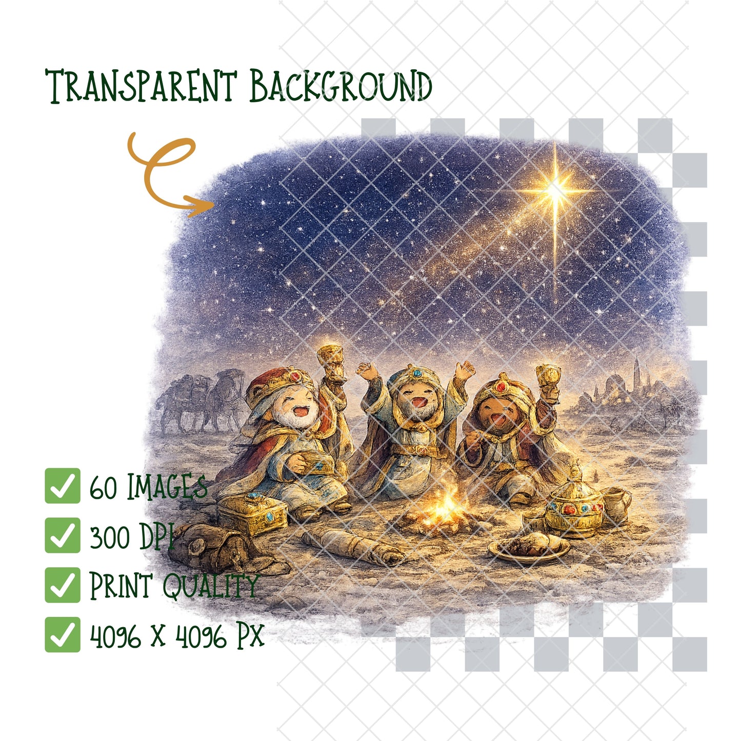Wise Men Journey Watercolor Clipart PNG Bundle – 60 Nativity Graphics, Three Kings, Camels & Christmas Bible Art