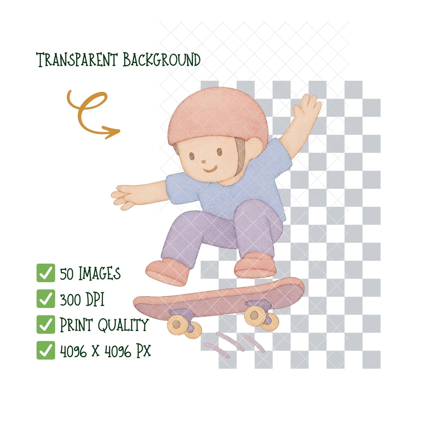 Skateboard Watercolor PNG Clipart – Kids Skaters, Ramps & Boards (50 Files)
