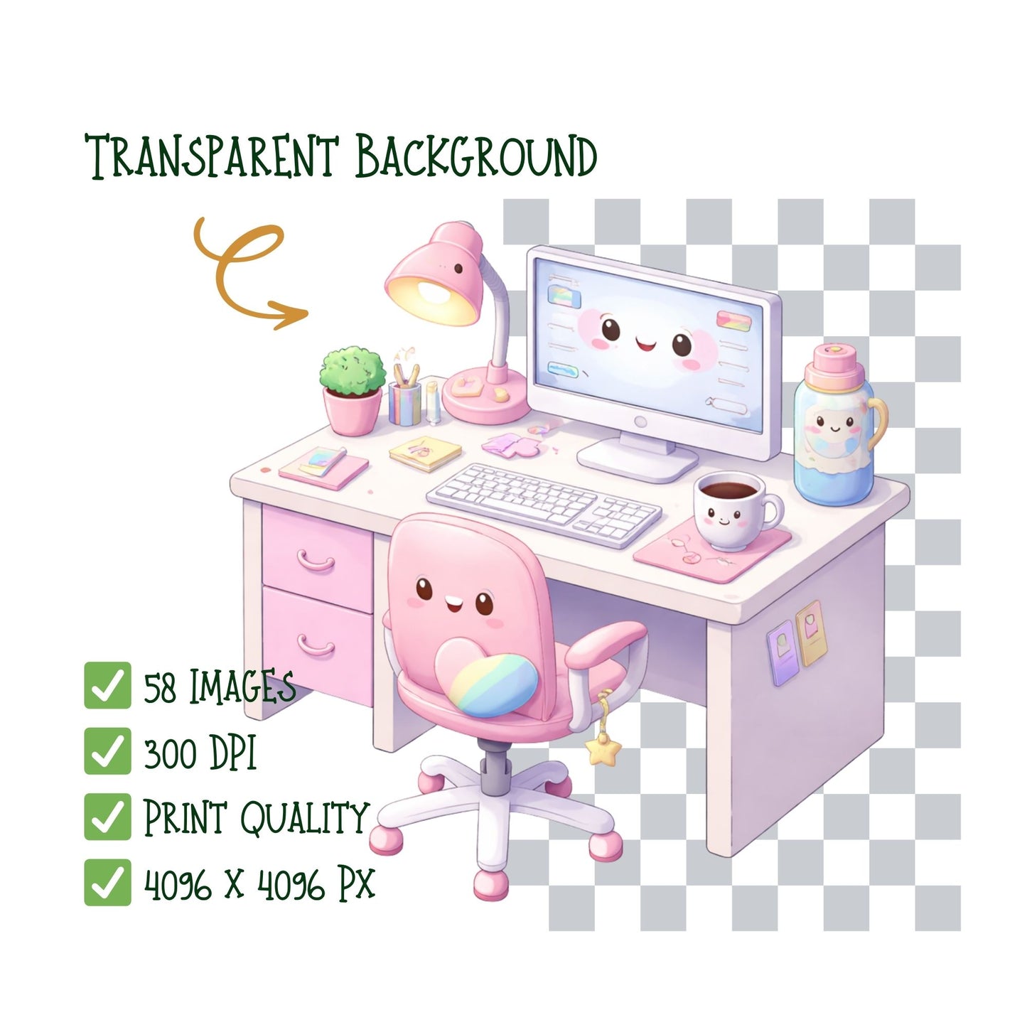 Pastel Office Clipart Bundle – 3D Kawaii Desk & Planner PNGs (58 Files) – Cute Productivity Tools, Digital Planner Graphics, Small Business Branding
