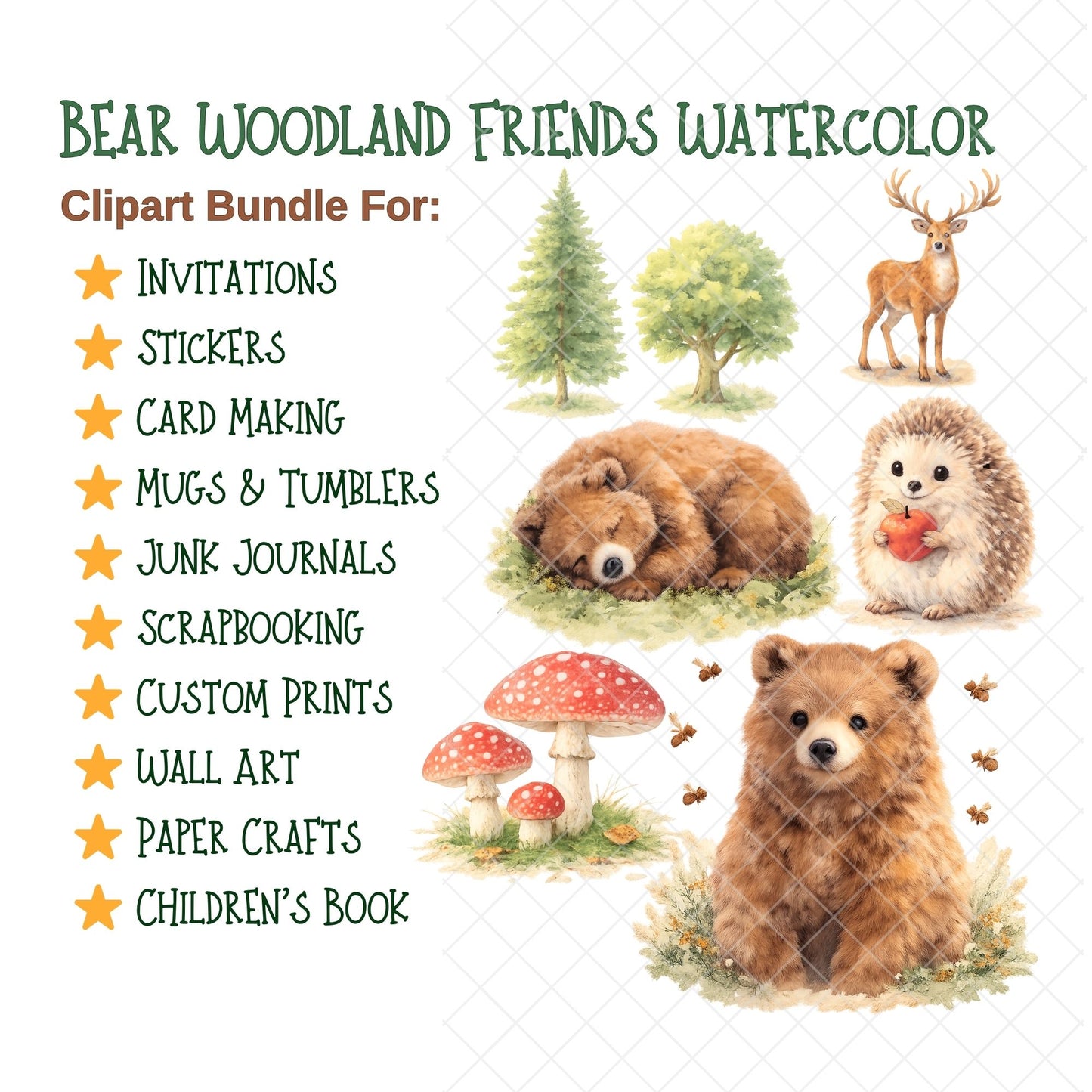 Woodland Bear Clipart Bundle – 52 Watercolor Forest Animals PNG | Nursery & Baby Shower Art