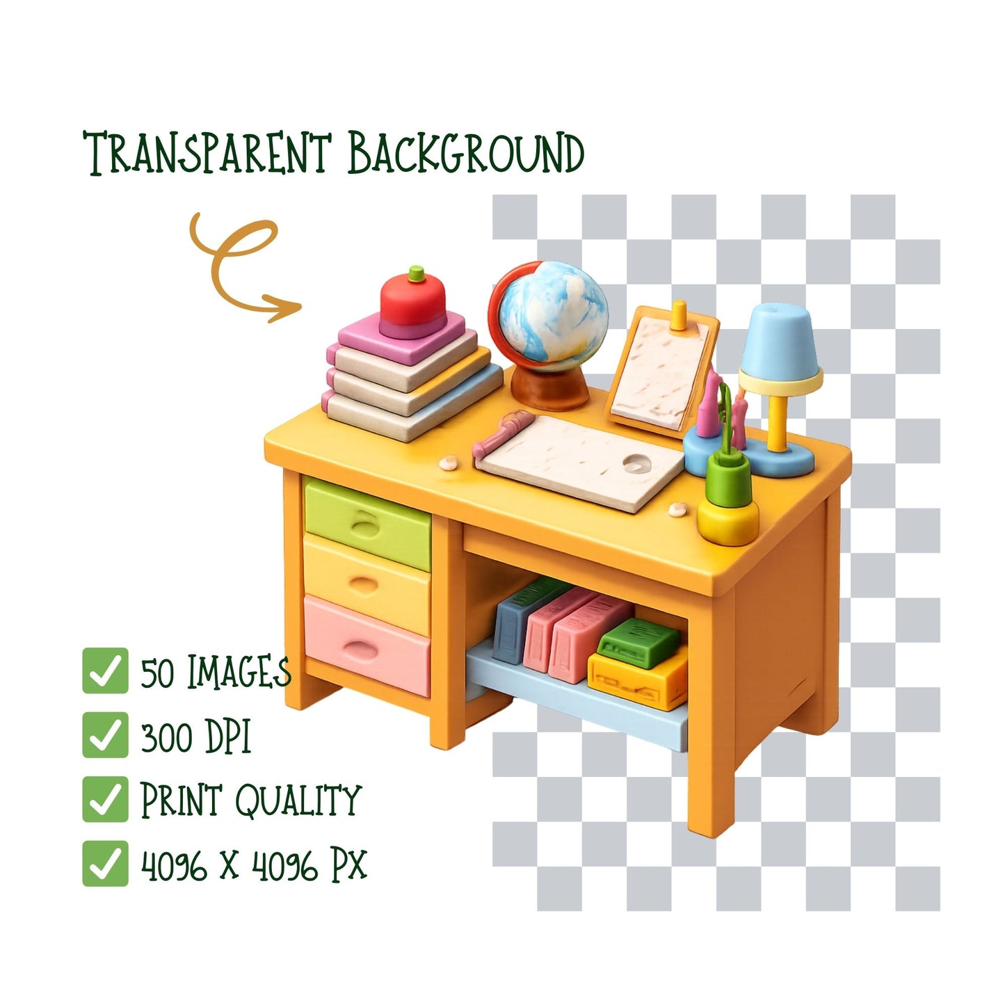 Classroom School 3D Clipart PNG Bundle – 50 Educational Tools, Desk Supplies & Math Icons