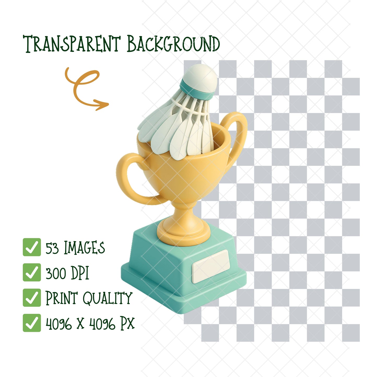 Badminton 3D Clipart Bundle – Match Moments PNG, Players, Rackets, Court Scenes & Trophies for Sports Graphics, 53 PNG