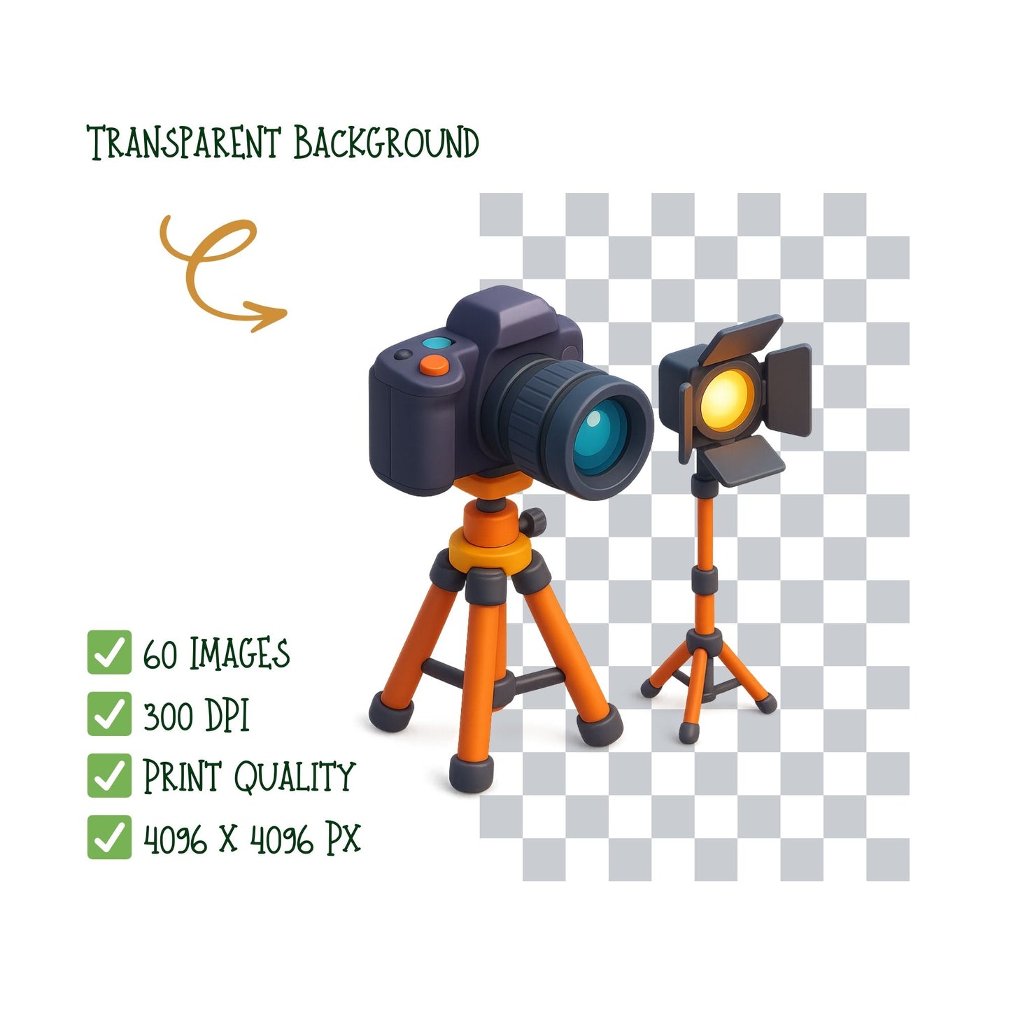 Photography & Film Studio Clipart – 3D Movie Maker PNG Bundle | Cameras, Lighting, Director Gear (60 Files)