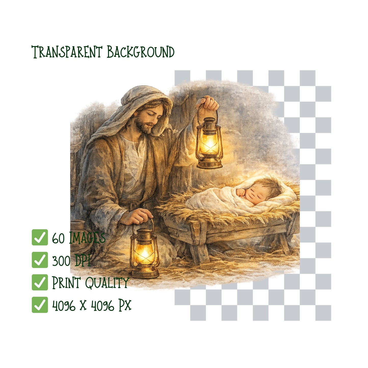 Nativity Clipart – 60 Birth of Jesus PNG Files – Christmas Bible Story Watercolor Graphics