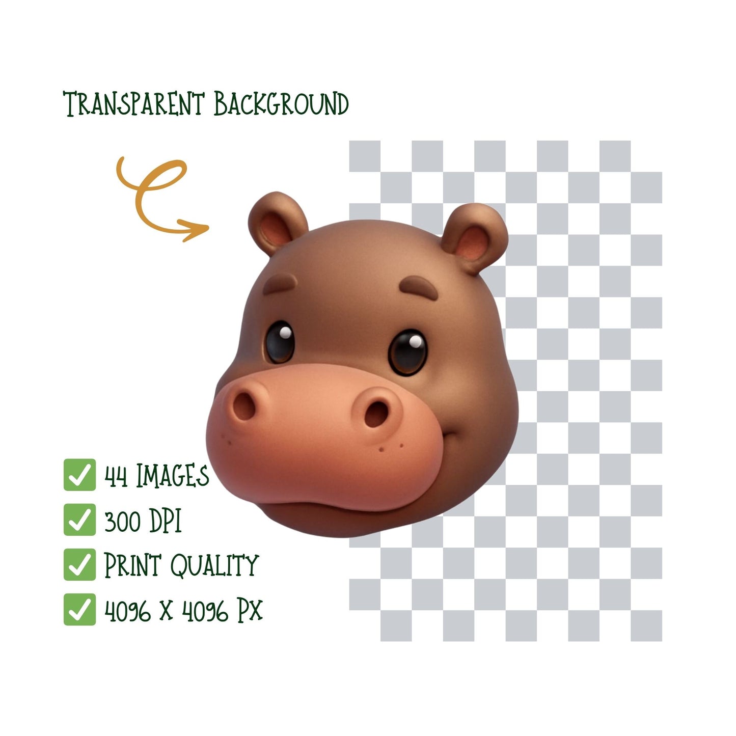 Cute Hippo Clipart Bundle – 3D Isometric Kawaii Hippo PNG, Nursery & Baby Shower Animals, Kids Clipart, 44 PNG