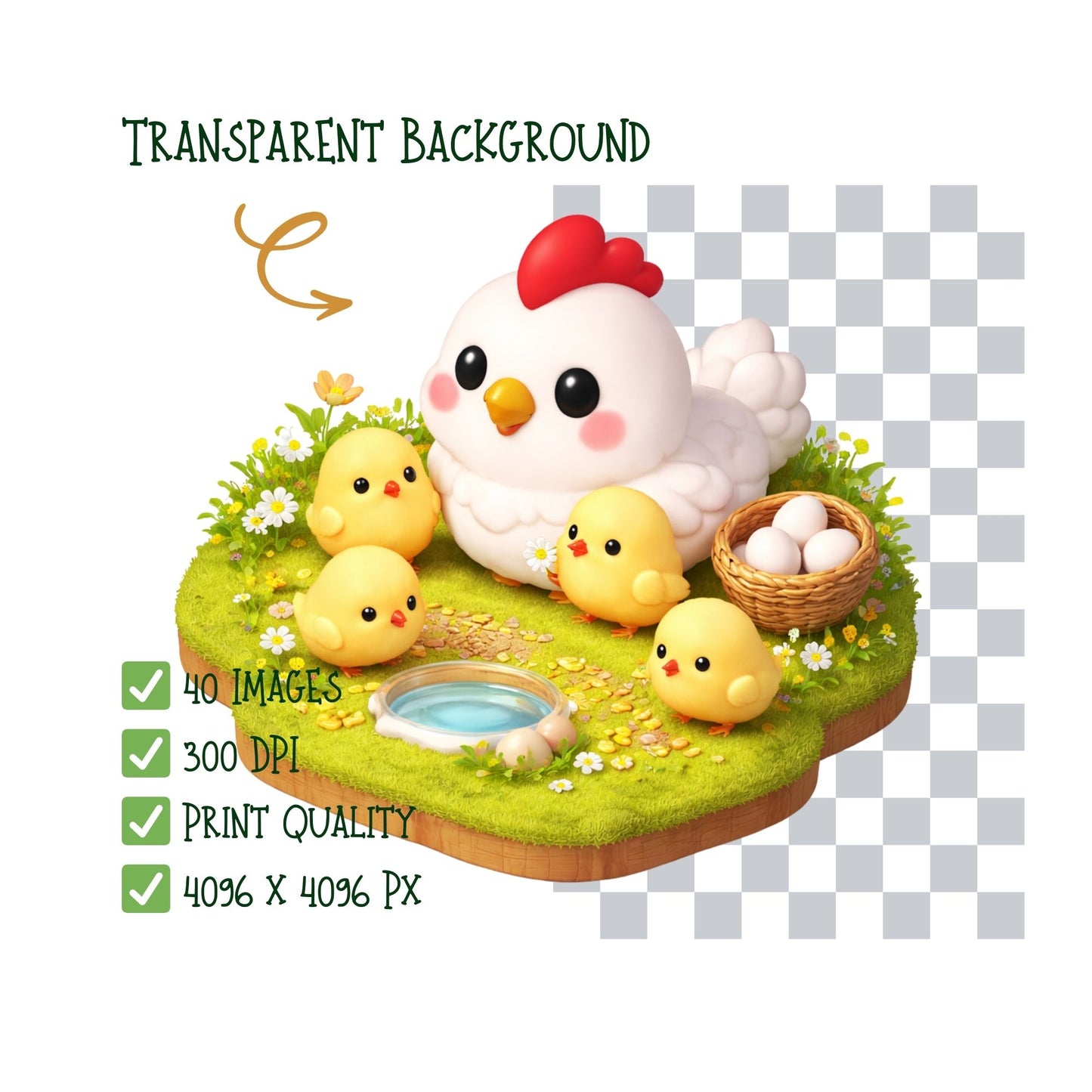 Chicken Clipart Bundle – 3D Farm Animals PNG (40 Files) – Isometric Hens, Chicks, Coop, Easter & Seasonal Graphics