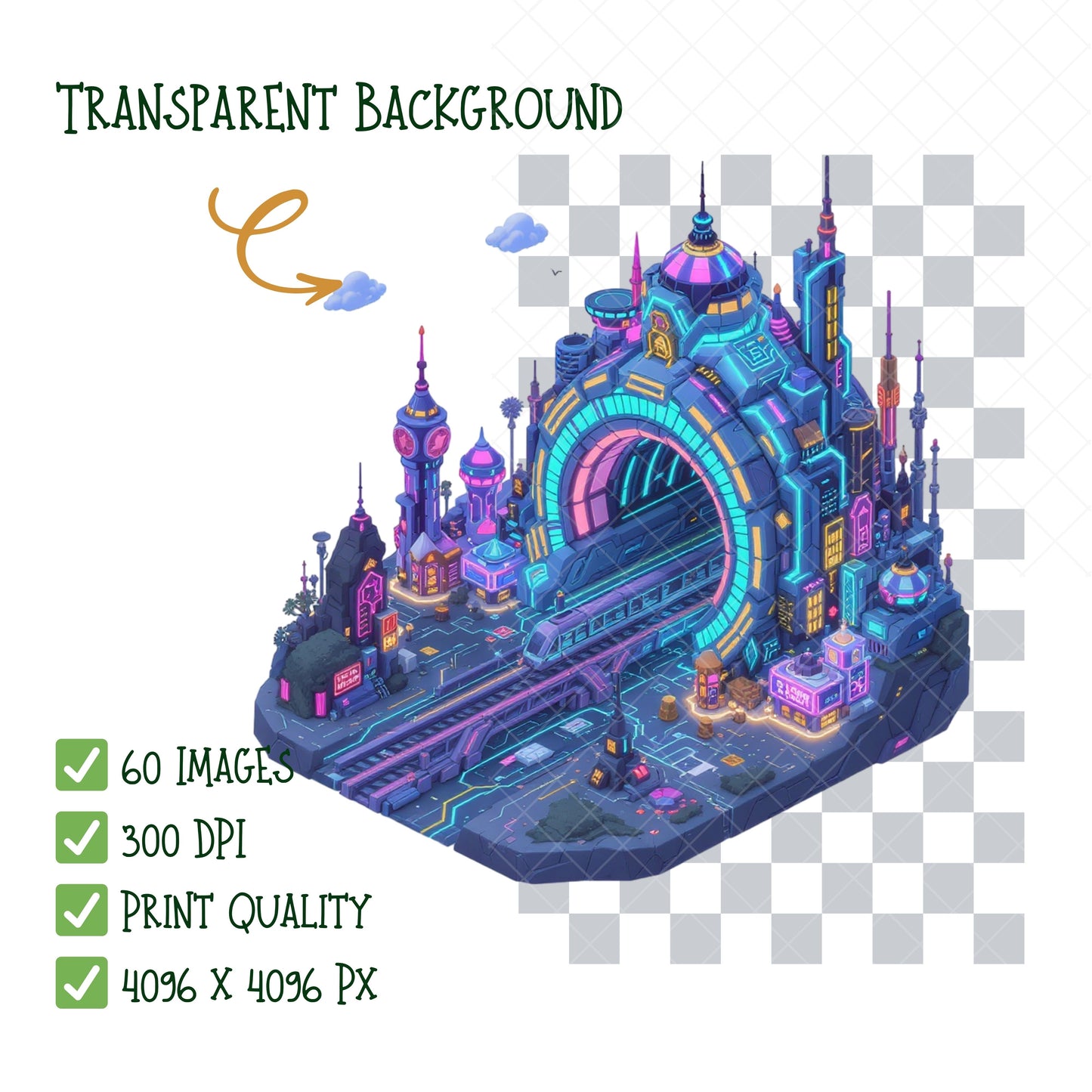 Cyberpunk City PNG Bundle – 60 Neon Sci-Fi Metropolis Clipart for Game Design & Digital Art