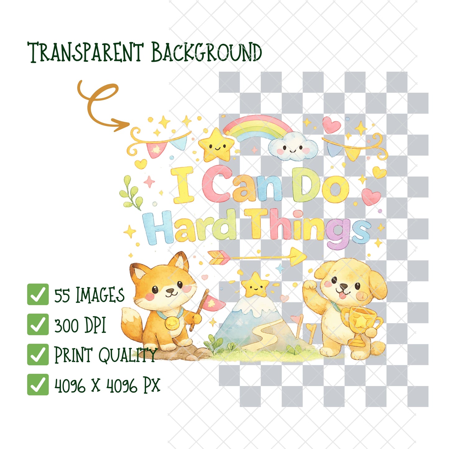 Positive Affirmations Clipart PNG Bundle – 55 Kids Growth Mindset Quotes with Cute Animal Watercolor Art