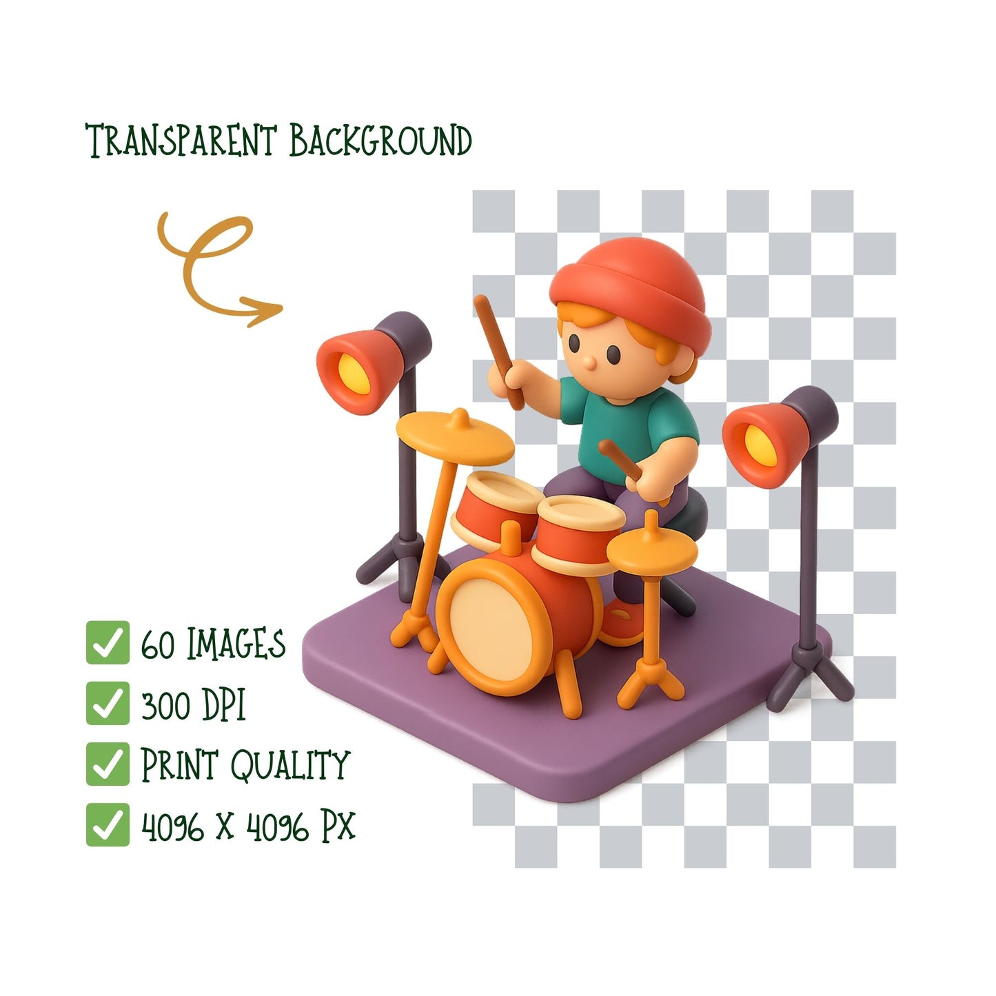 3D Music Instrument Clipart – Studio Equipment PNG Bundle | Guitars, Piano, Drums, Microphones (60 Files)