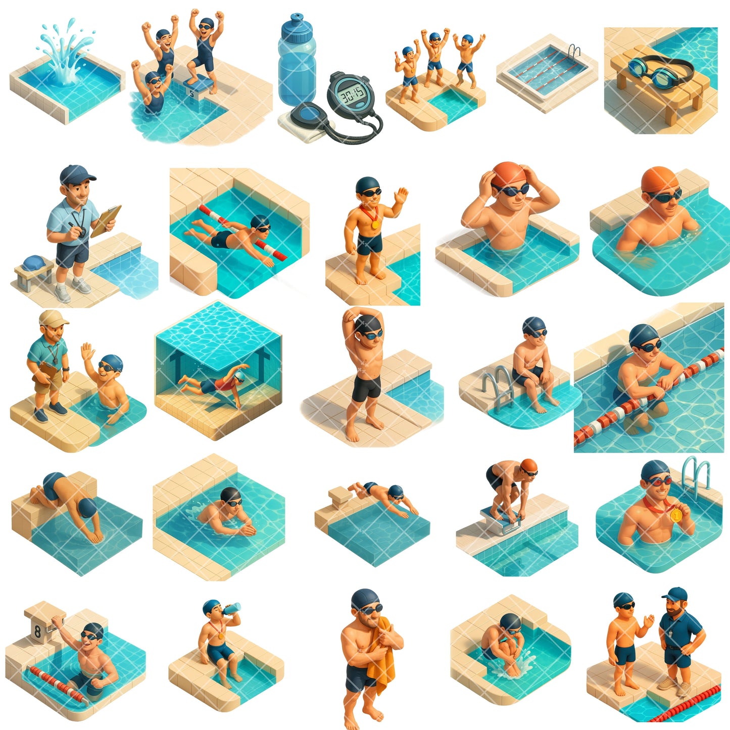 Swimming Pool Sports Clipart, Swim Team PNG Bundle, 3D Isometric Swimmers, Coaches & Gear, Summer Sports Graphics
