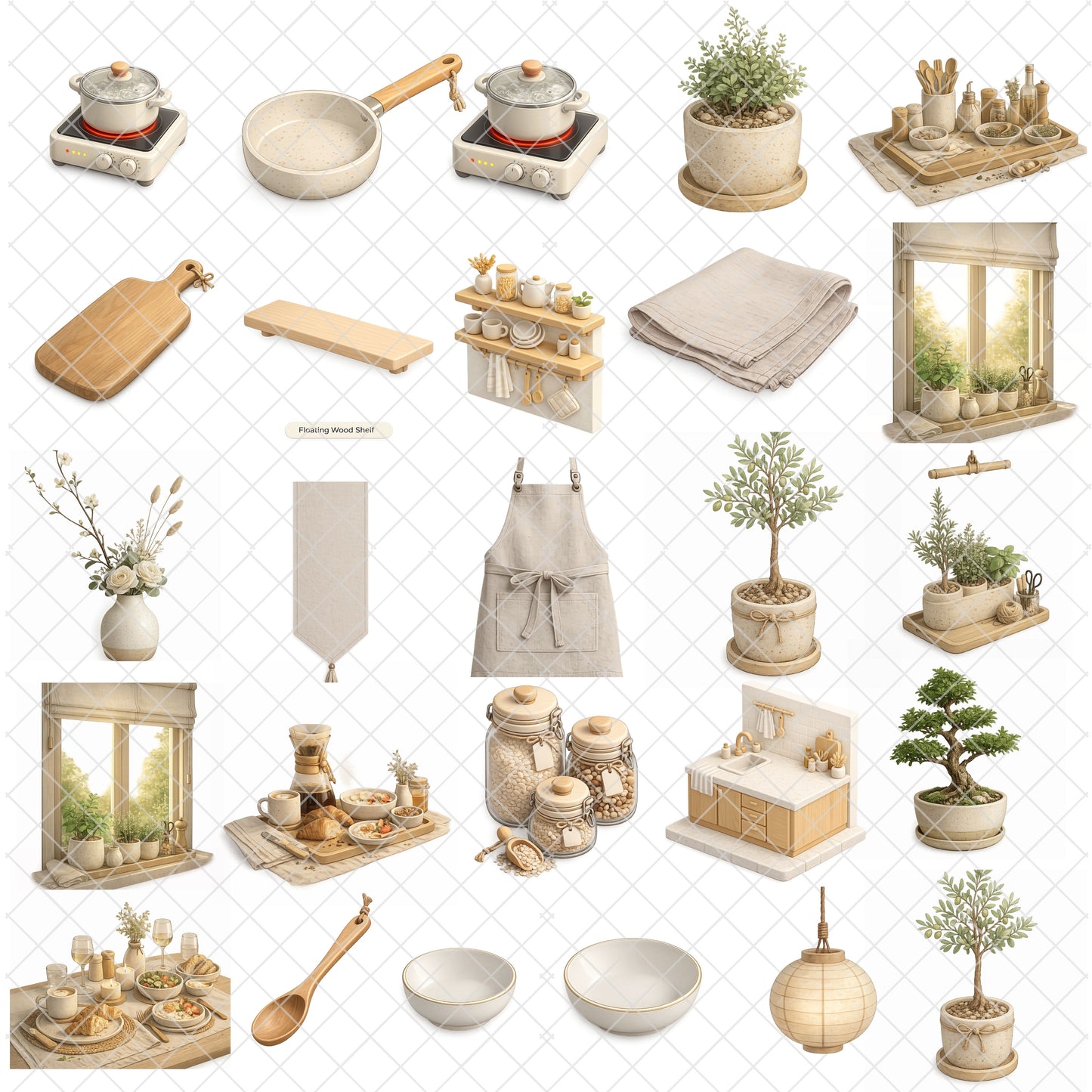 Japandi Kitchen Clipart Bundle | Minimalist Kitchen PNG | 3D Cooking Decor Graphics | Neutral Aesthetic Utensils, Tea Set, Pantry Clipart