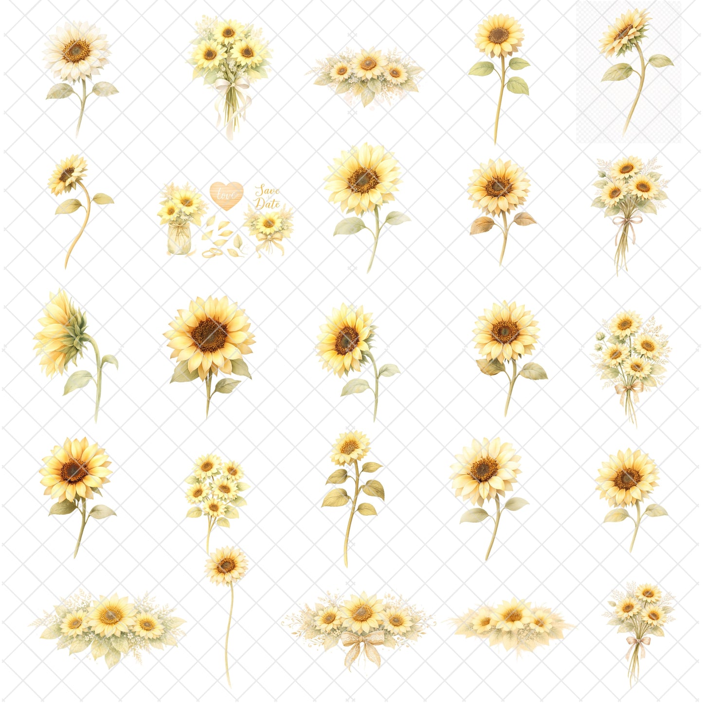 Sunflower Watercolor Clipart Bundle – Yellow Floral PNG for Wedding, Sublimation, Wall Art & Crafts, Hand Painted Flowers, 49 PNG