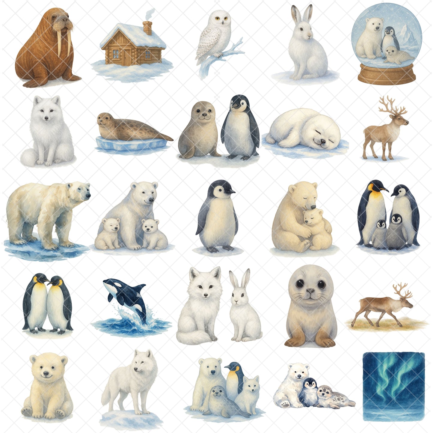 Arctic Polar Animals Watercolor Clipart Bundle – Polar Bear, Penguin & Winter Wildlife PNG, Classroom & Nursery Art, 50 PNG