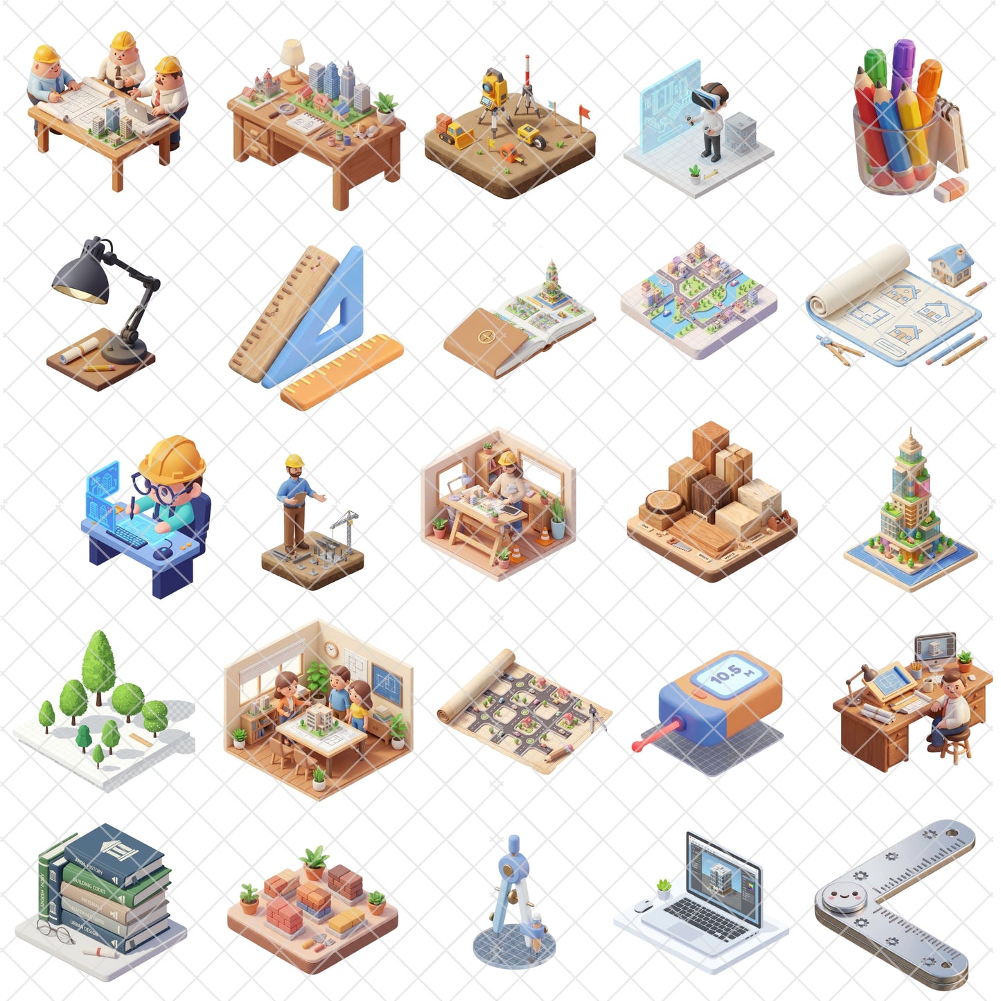 Architect Isometric Clipart Bundle | Construction 3D PNG Graphics | Architecture Tools, Blueprint, Engineer Clipart | STEM Education Design