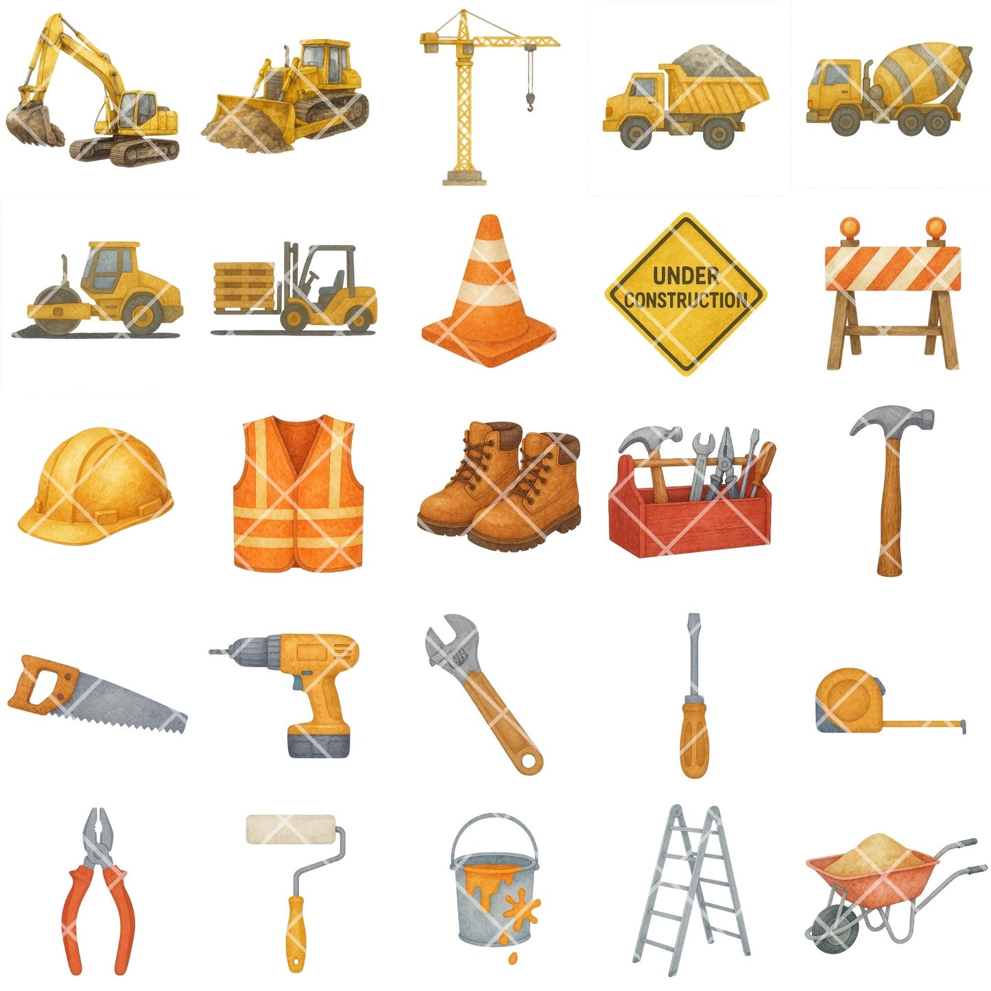 Construction Watercolor Clipart PNG | Construction Vehicles & Tools | Kids Construction Party Art | Builder Clipart | Commercial Use