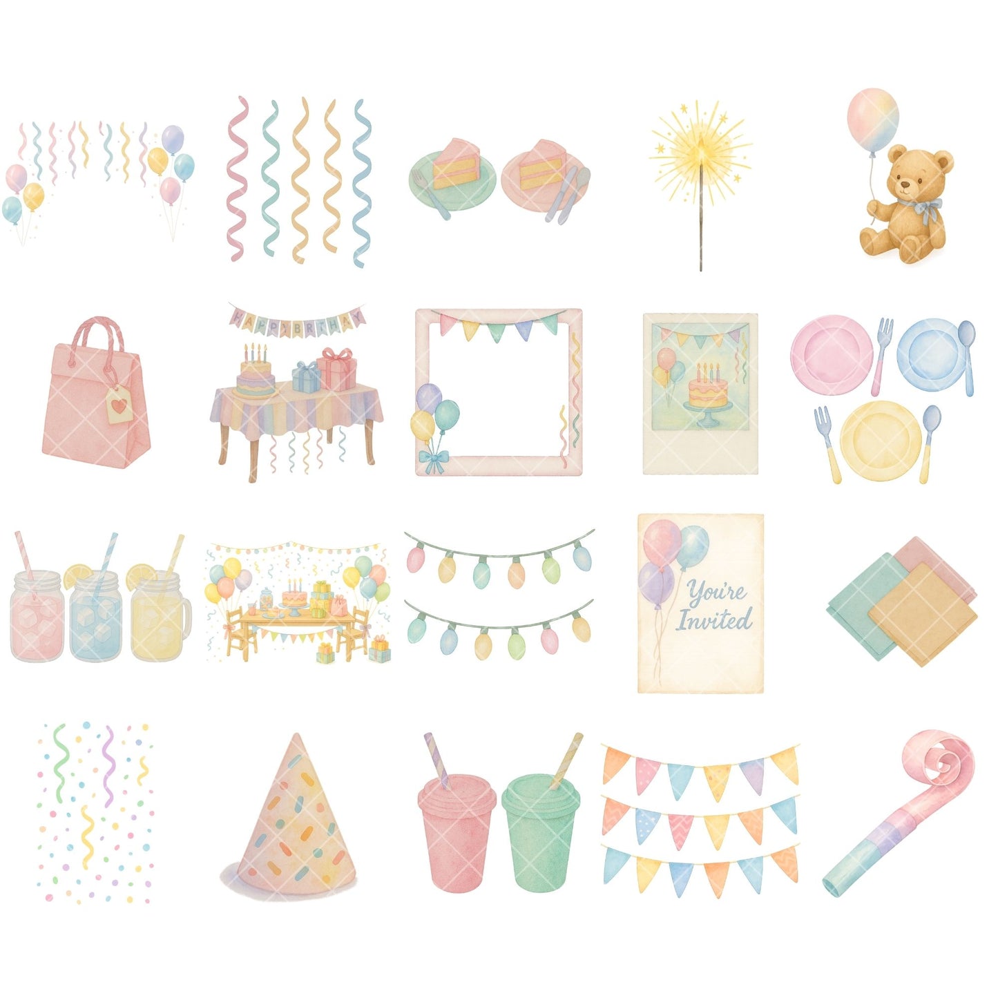 Watercolor Birthday Clipart Bundle, Kids Party PNG Files, Balloons Cake Gifts Cupcakes, Birthday Decorations Set (55 PNG)
