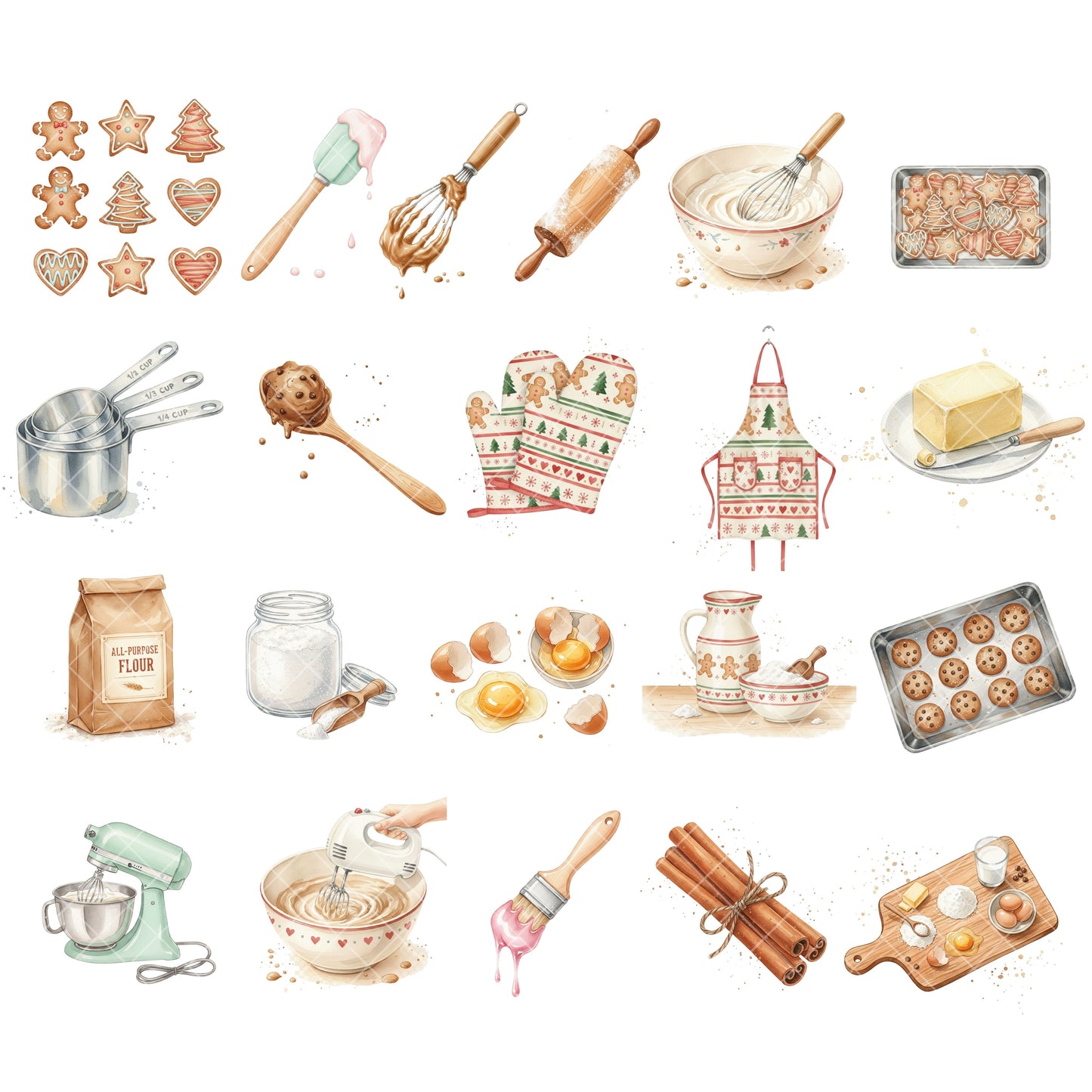 Christmas Baking Clipart – 56 PNG Watercolor Holiday Desserts & Kitchen Graphics | Gingerbread, Cookies, Cakes