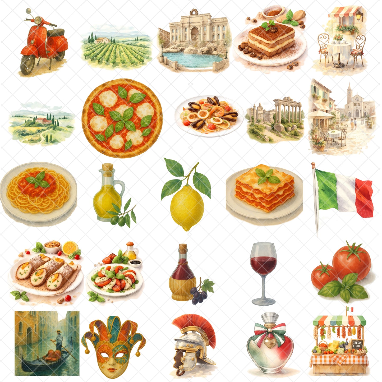 Italy Clipart – 50 Watercolor Italy PNG Files – Italian Food, Landmarks & Travel Graphics