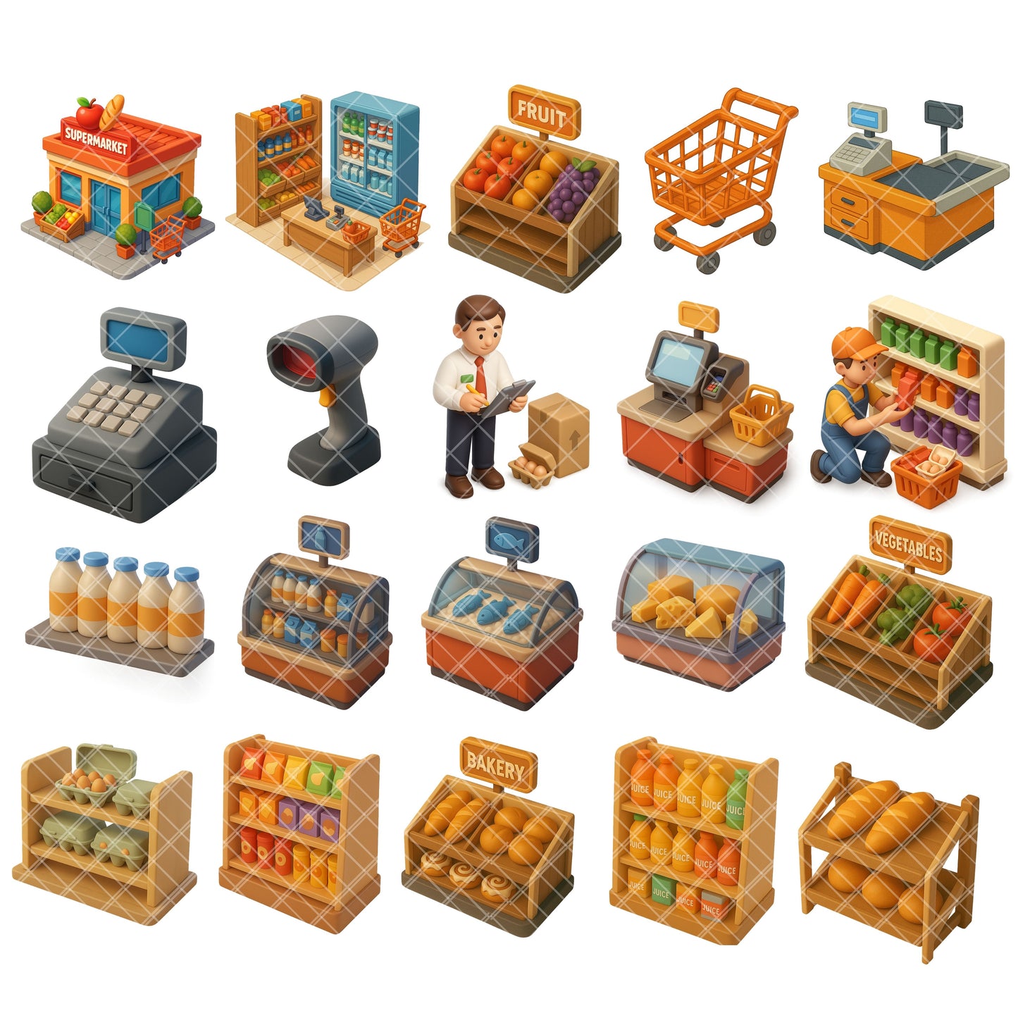 Supermarket Grocery Store Clipart – 60 3D PNG Files | Shopping Cart, Cashier, Food & Market Scenes