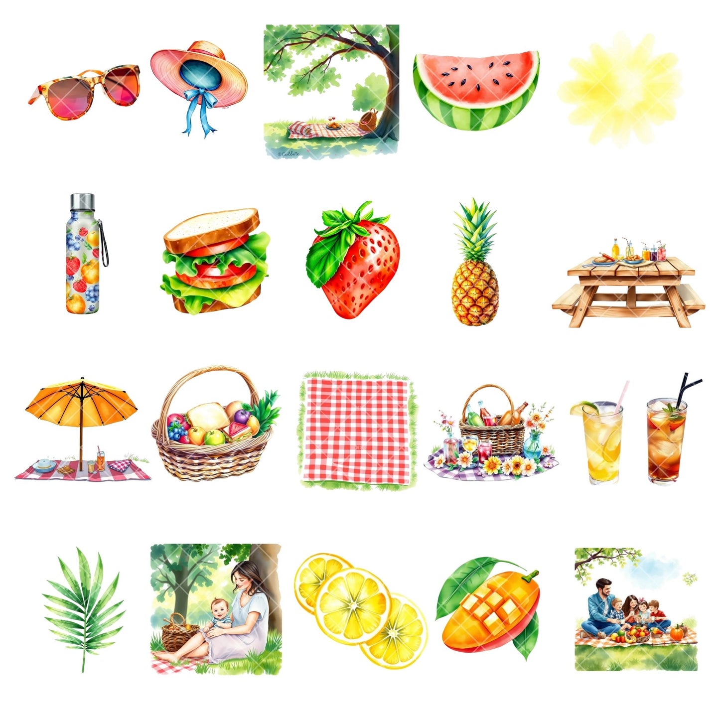 Picnic Watercolor Clipart PNG | Summer Fruits Food Clipart | Picnic Party Graphics | Watercolor Summer PNG | Commercial Use