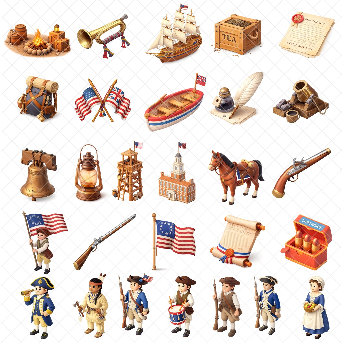 American Revolution 3D Clipart Set – 60 PNG History Illustrations for Classroom & Homeschool