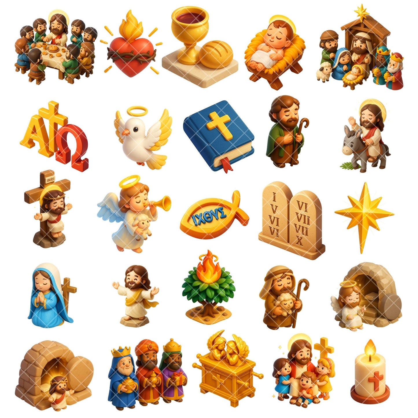 Jesus Christian Clipart PNG Bundle, 3D Religious Symbols, Cross Bible Church Dove Faith Art (60 PNG)