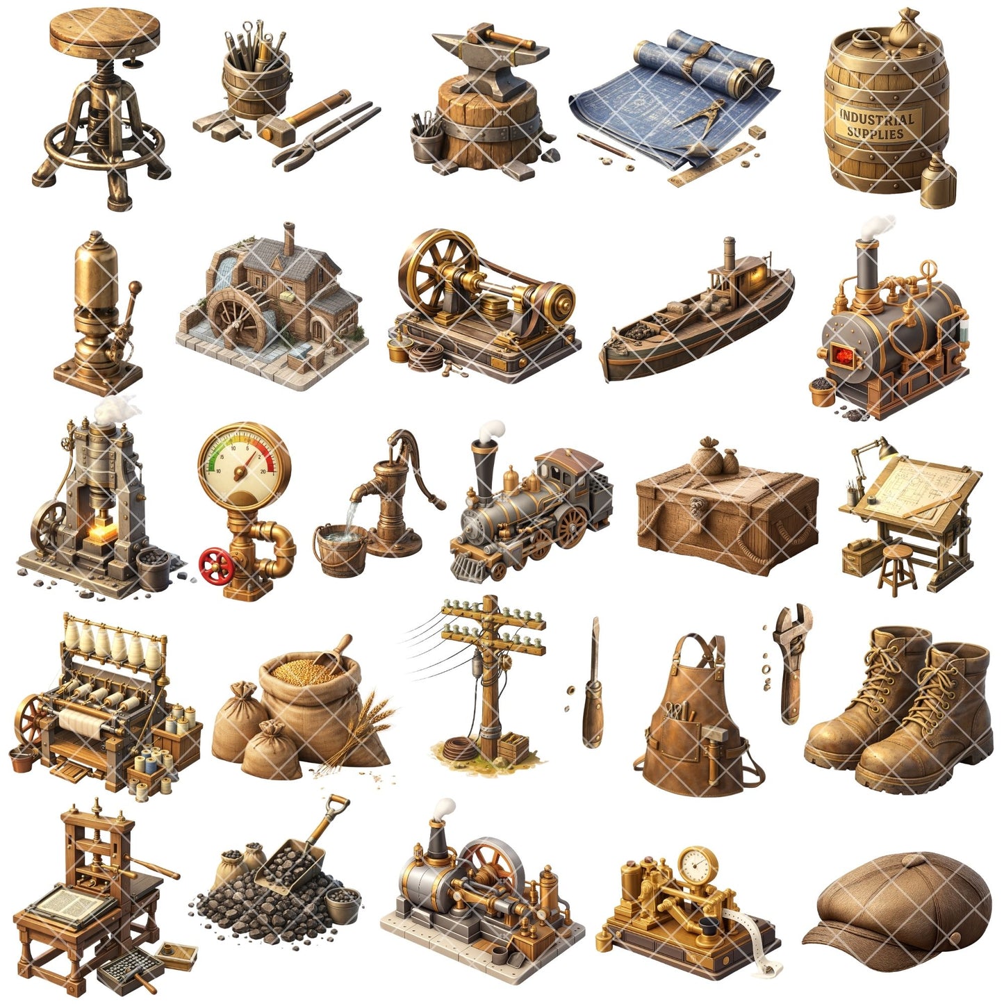 Industrial Revolution Clipart – 55 3D PNG Files – Steam Engine, Vintage Machinery & History Classroom Graphics