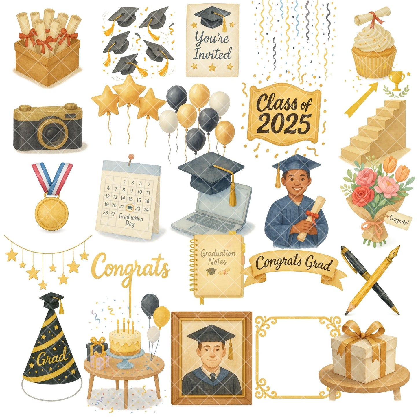 Graduation Watercolor Clipart – Cap & Gown Congrats PNG | Grad Party Decor, Invitations & Celebration Art (55 Files)