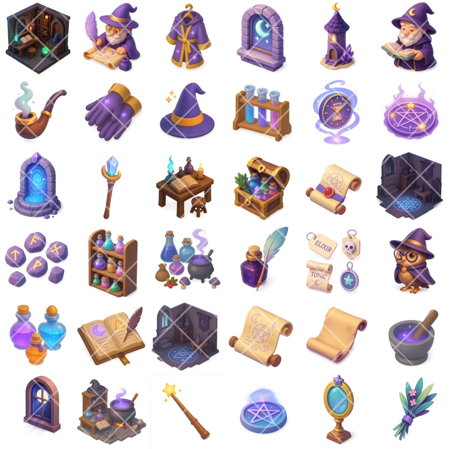 Wizard’s Workshop Clipart, Magic Potions & Spell Books PNG, Fantasy Alchemy Room, Witchcraft Art Set (65 PNG)