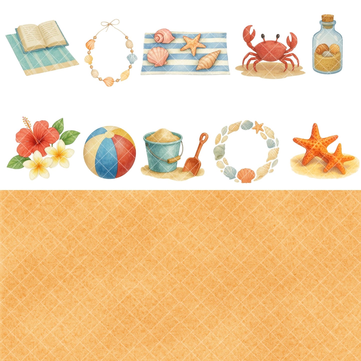 Watercolor Summer Clipart – Beach Picnic PNG Bundle, Coastal Vacation & Seaside Art (56 Files)