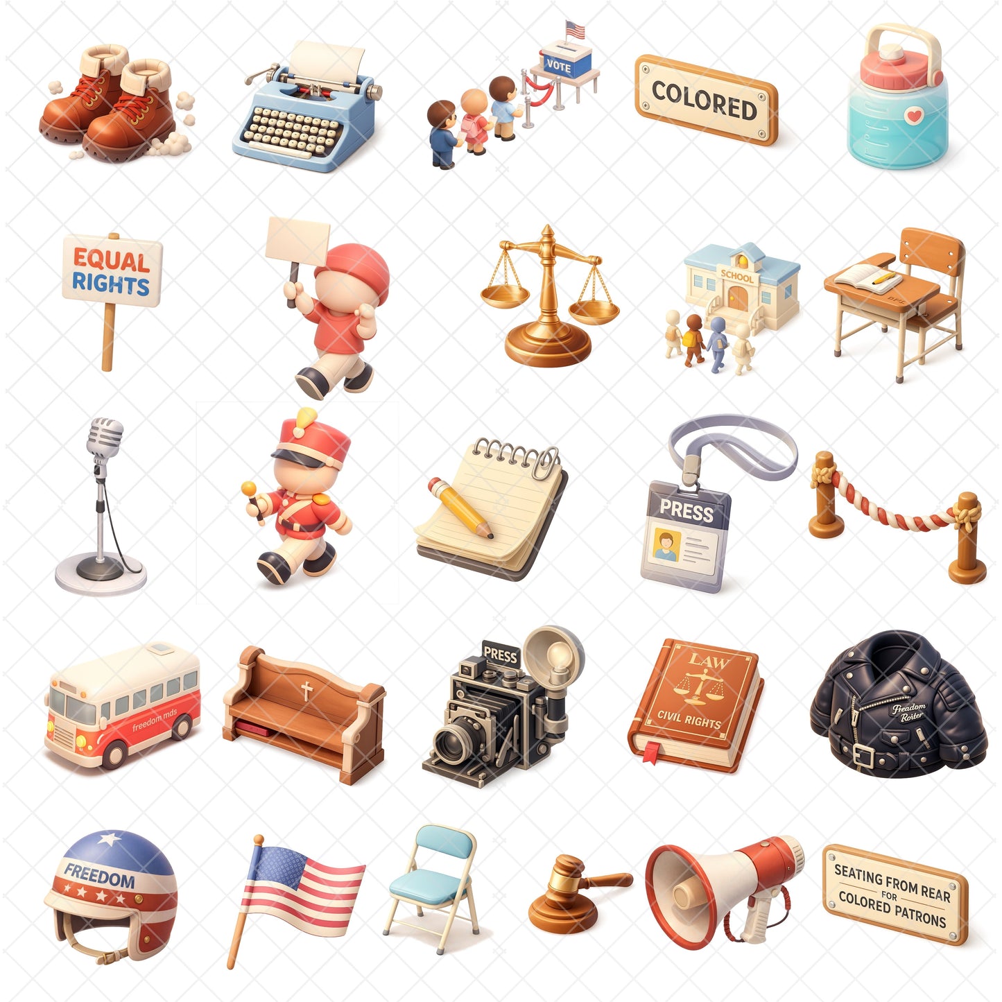 American Civil Rights Clipart Bundle – History PNG, Voting & Protest Graphics, Freedom Riders Art, Classroom & Black History Resources, 53 PNG