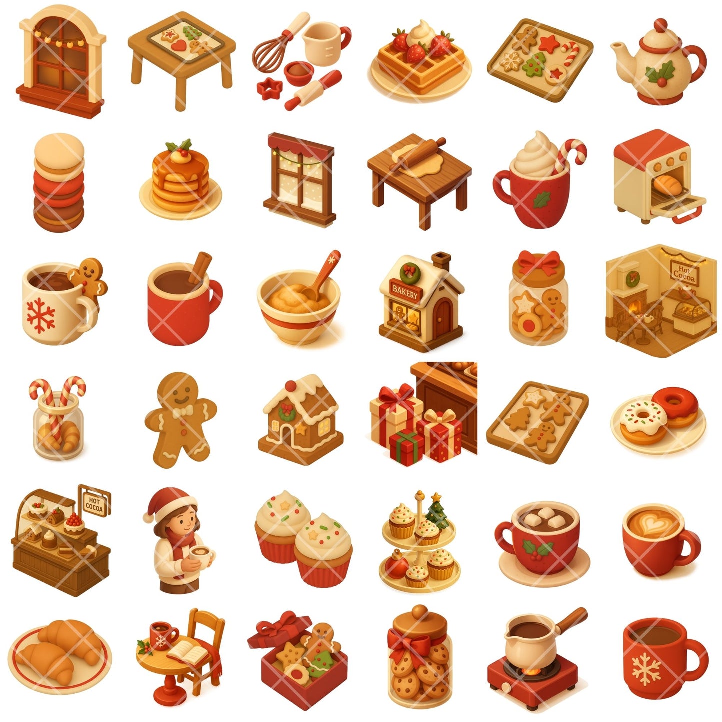 Christmas Bakery Clipart PNG | Hot Cocoa Shop 3D Isometric | Holiday Baking Cafe Art | Winter Sweets PNG | Commercial Use