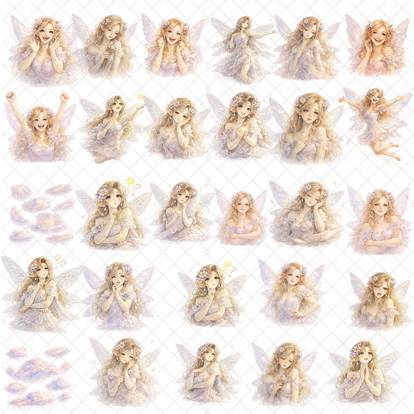 Fairy Emotions Watercolor Clipart PNG Bundle – 55 Fantasy Fairies for Stickers, Sublimation & Kids Projects