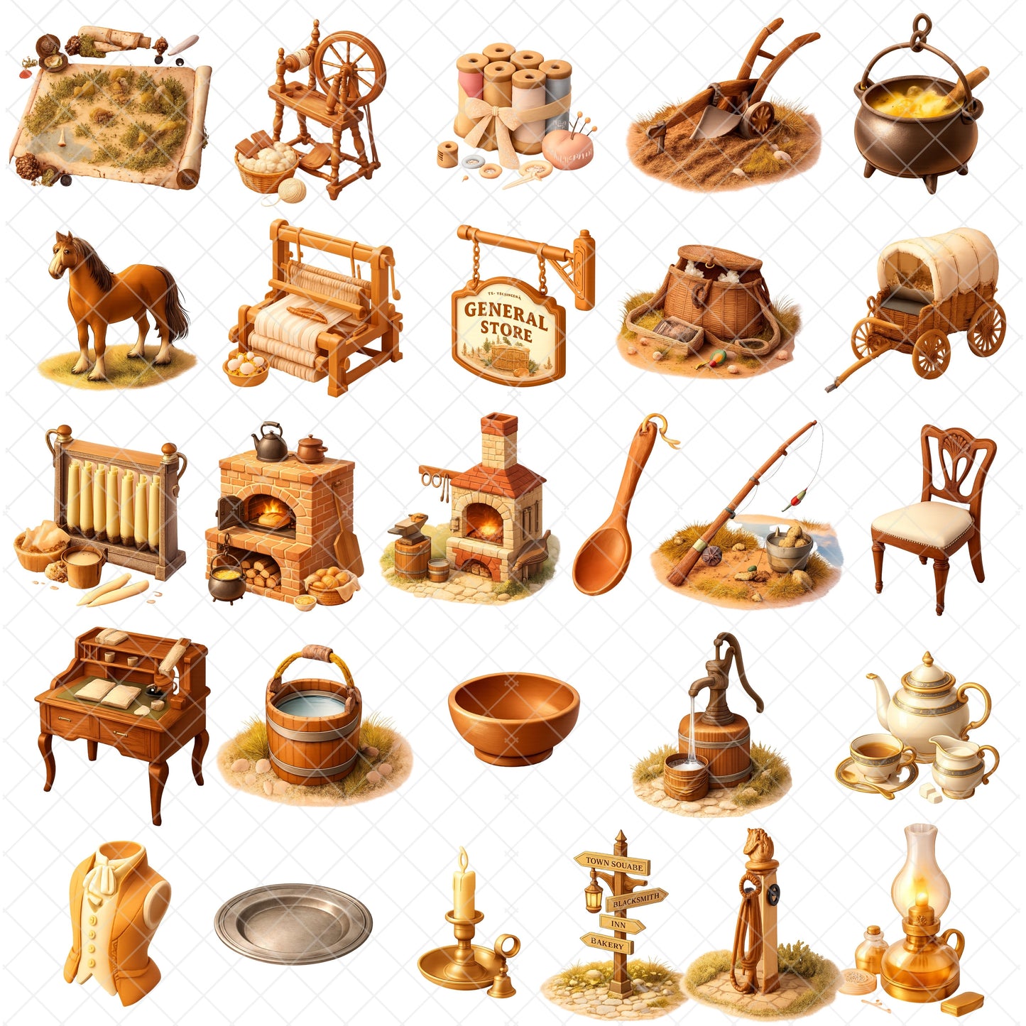Early Republic Clipart Bundle – Colonial Tools & Pioneer Life PNG, US History Classroom Graphics, Educational 3D Art, 55 PNG