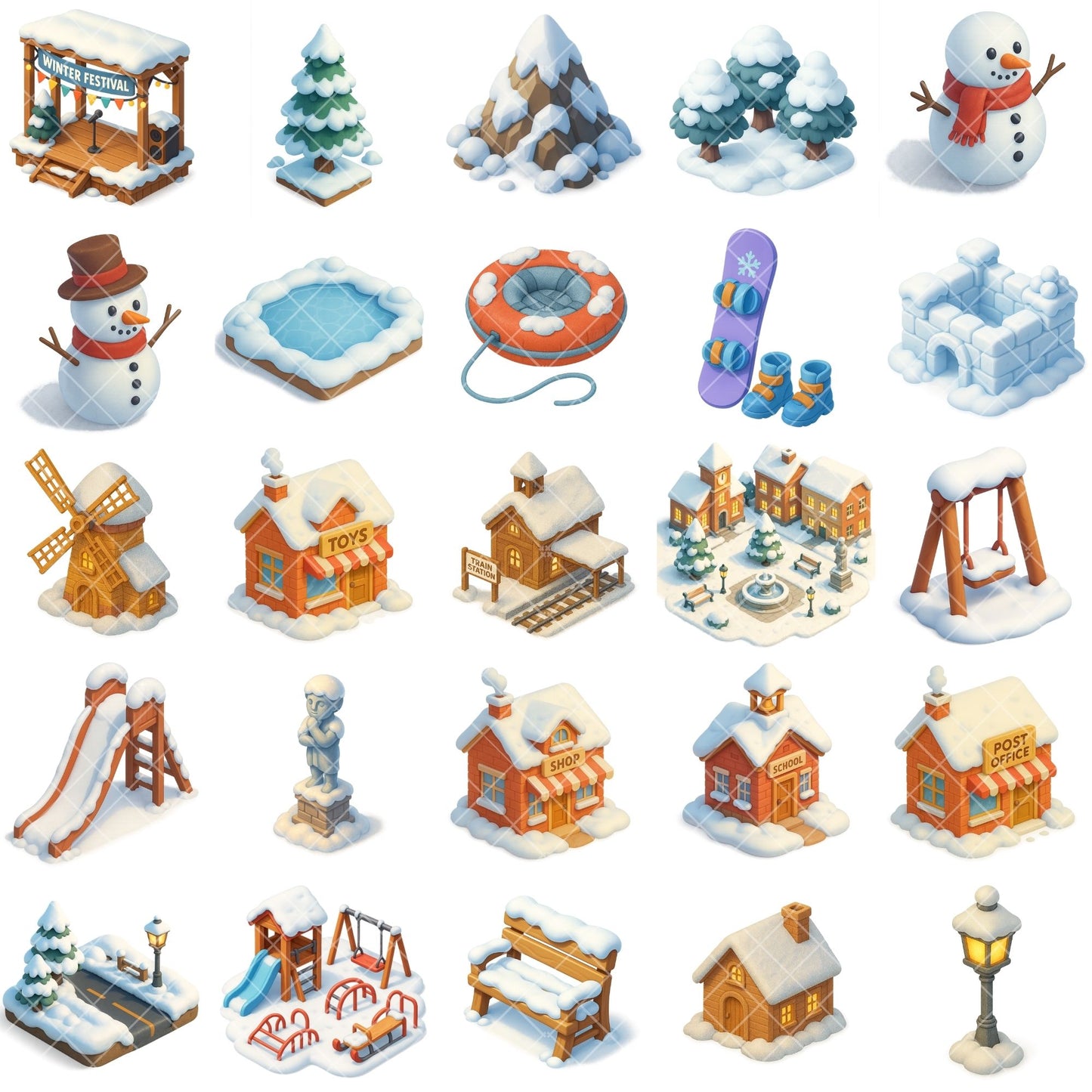 Winter Village Clipart PNG – Snowy Town, Castle & Park | Winter Wonderland 3D Landscape Art (60 Files)