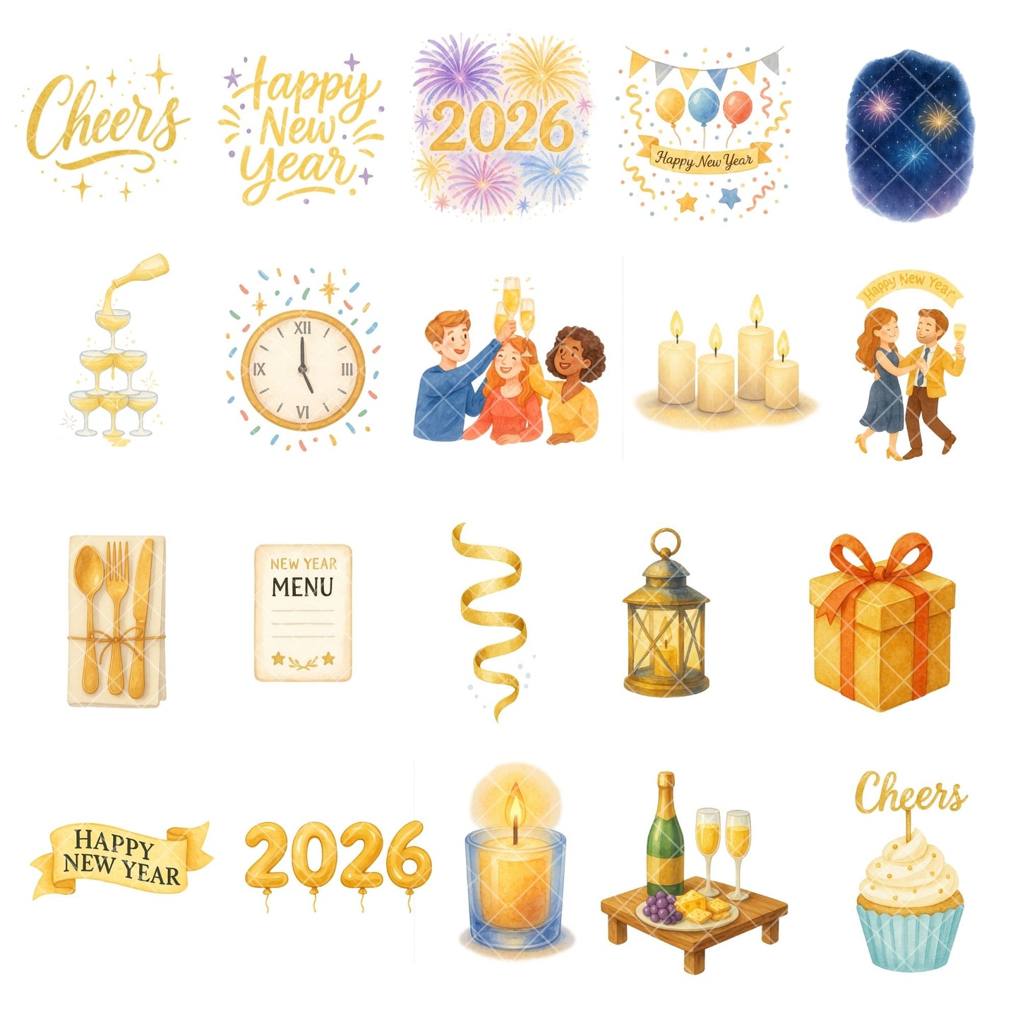 New Year Clipart 2026 – Champagne, Balloons & Party Watercolor PNG | Holiday Celebration Decor (57 Files)
